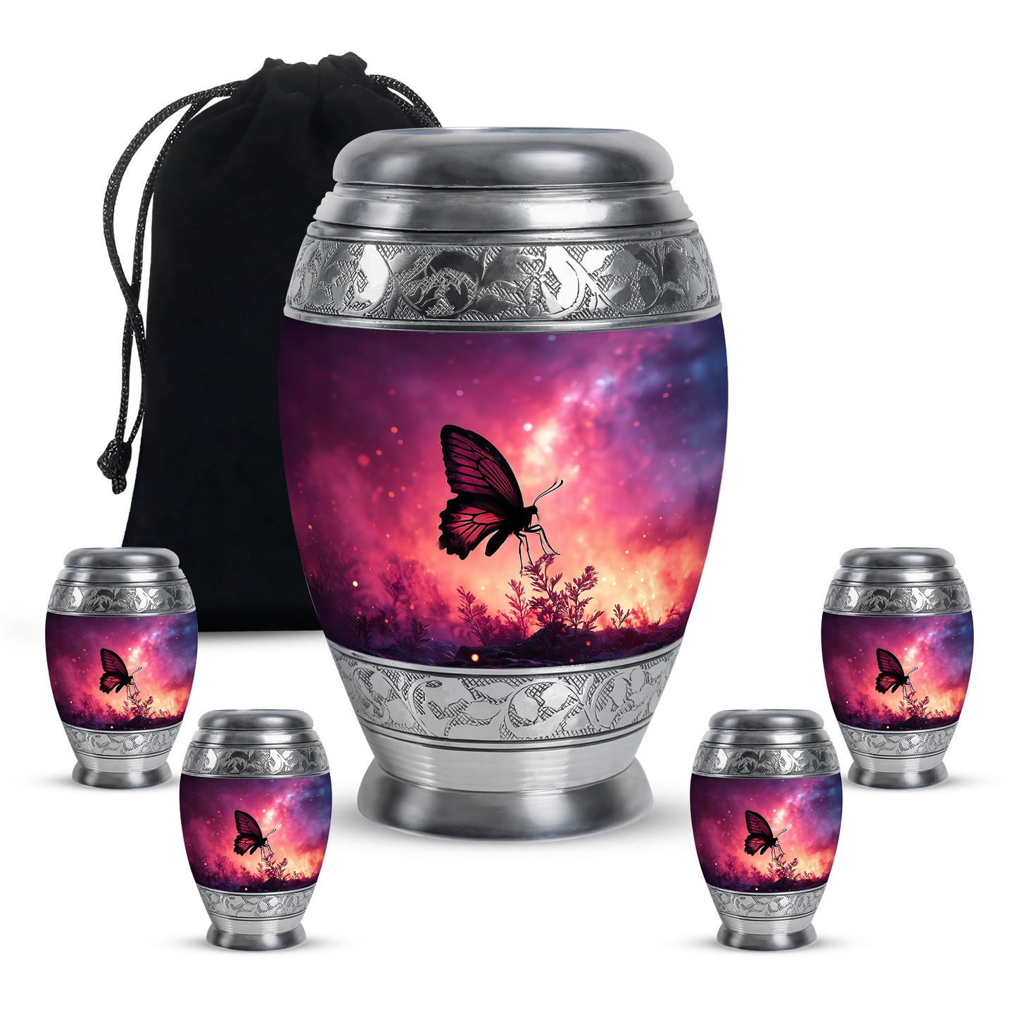 Dusty Pink Butterfly Cremation Urn detail view - royal butterfly engraving with decorative scrollwork - memorial set with one large and four small urns