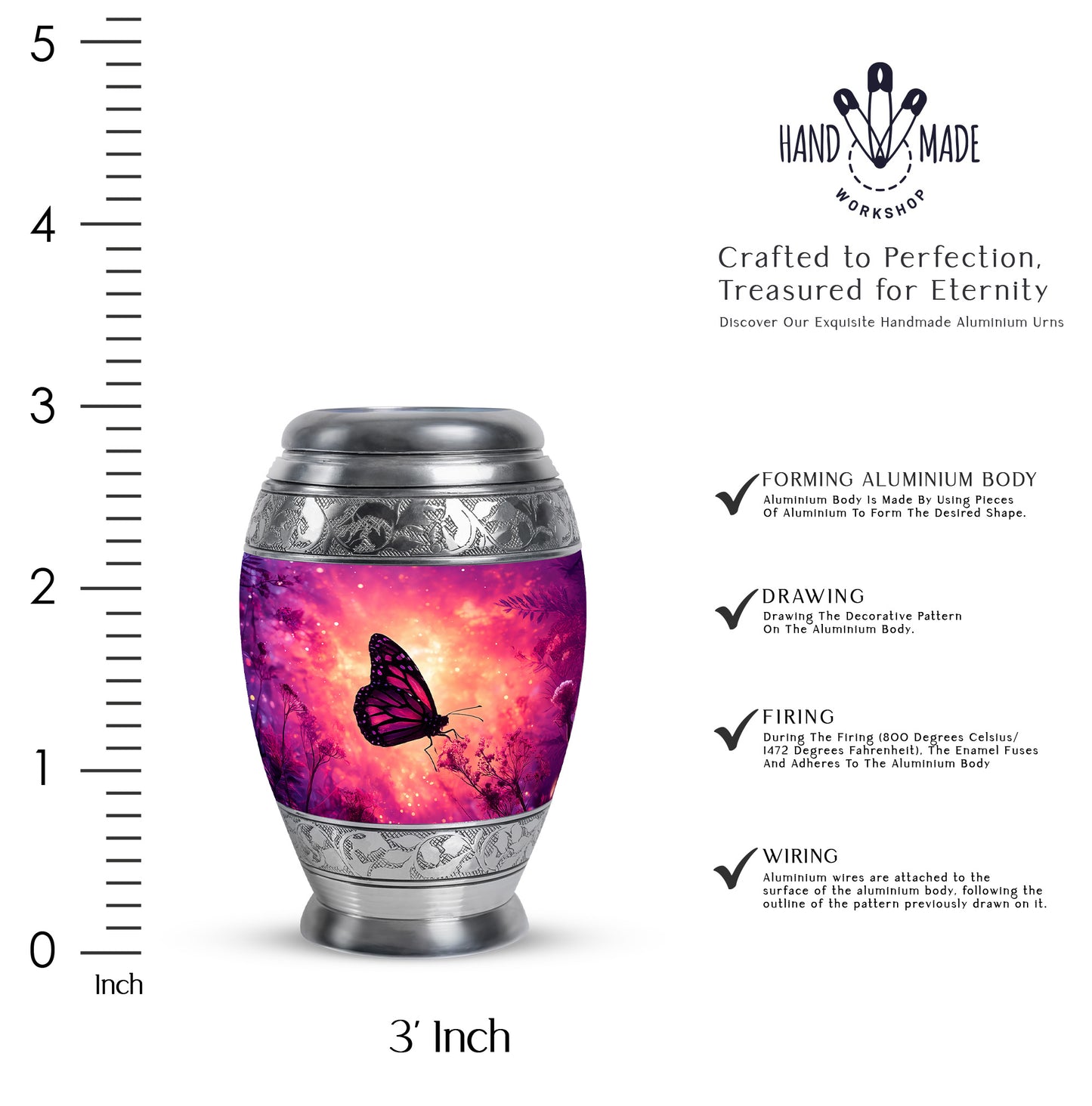 Petal Pink Butterfly Cremation Urn lifestyle display on memorial shelf - majestic butterfly pattern with filigree border - mini keepsake memorial for portion of cremation ashes