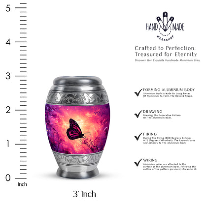 Petal Pink Butterfly Cremation Urn lifestyle display on memorial shelf - majestic butterfly pattern with filigree border - mini keepsake memorial for portion of cremation ashes