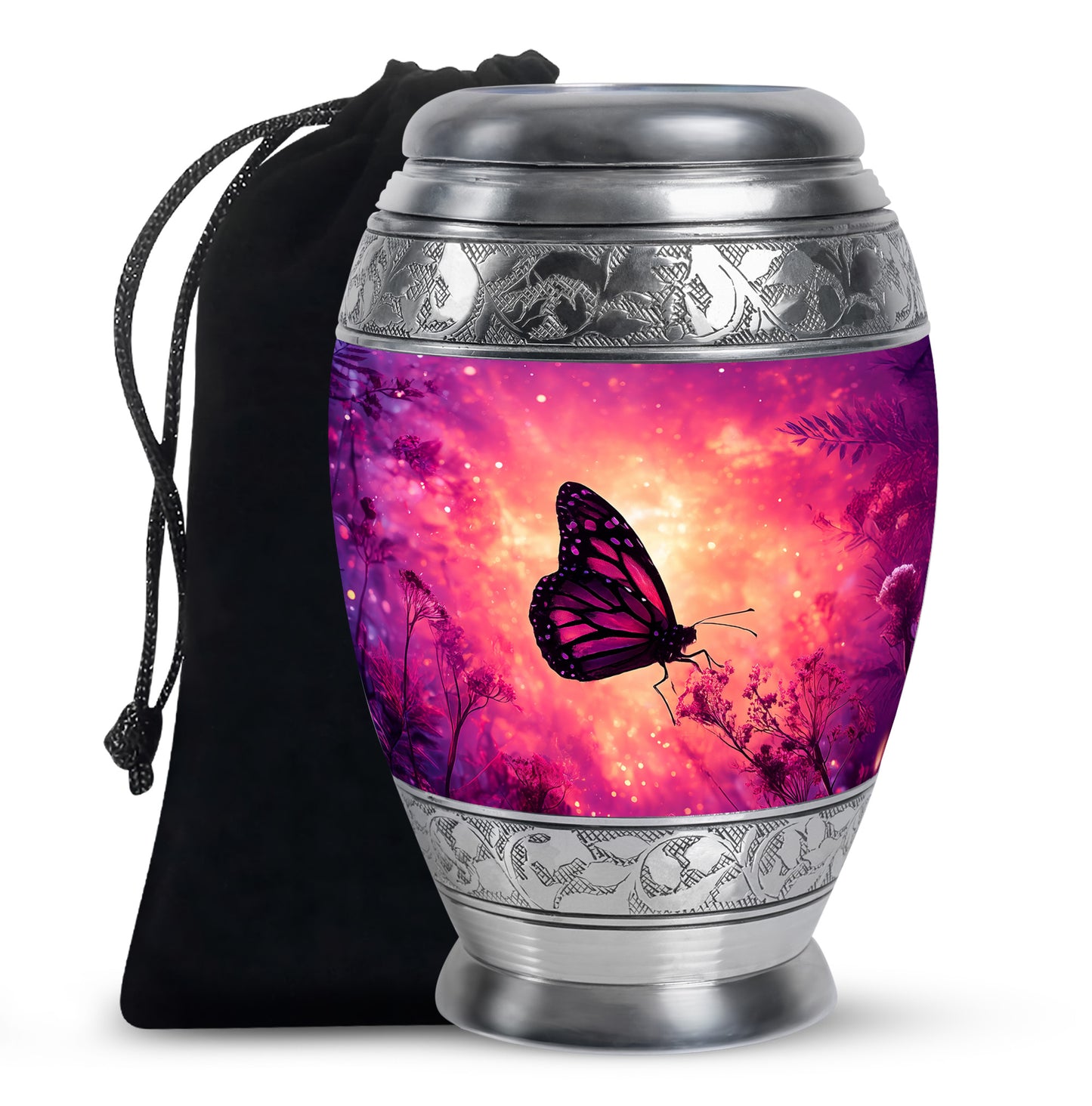 Salmon Pink Butterfly Cremation Urn back view with polished surface - majestic butterfly pattern with filigree border - full-size 10 inch 200 cubic inch adult cremation urn