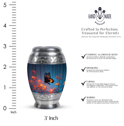 Cobalt Blue Butterfly Cremation Urn lifestyle display on memorial shelf - majestic butterfly pattern with filigree border - mini keepsake memorial for portion of cremation ashes
