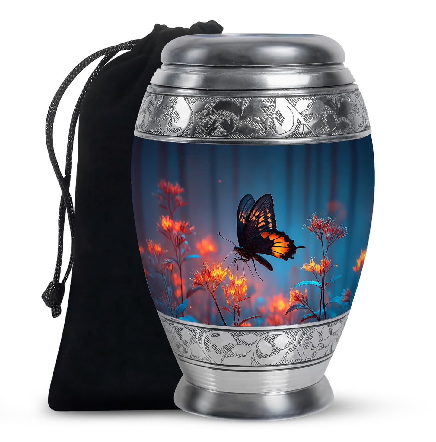 Sky Blue Butterfly Cremation Urn back view with polished surface - ornate monarch-style butterfly relief on brushed aluminum - full-size 10 inch 200 cubic inch adult cremation urn