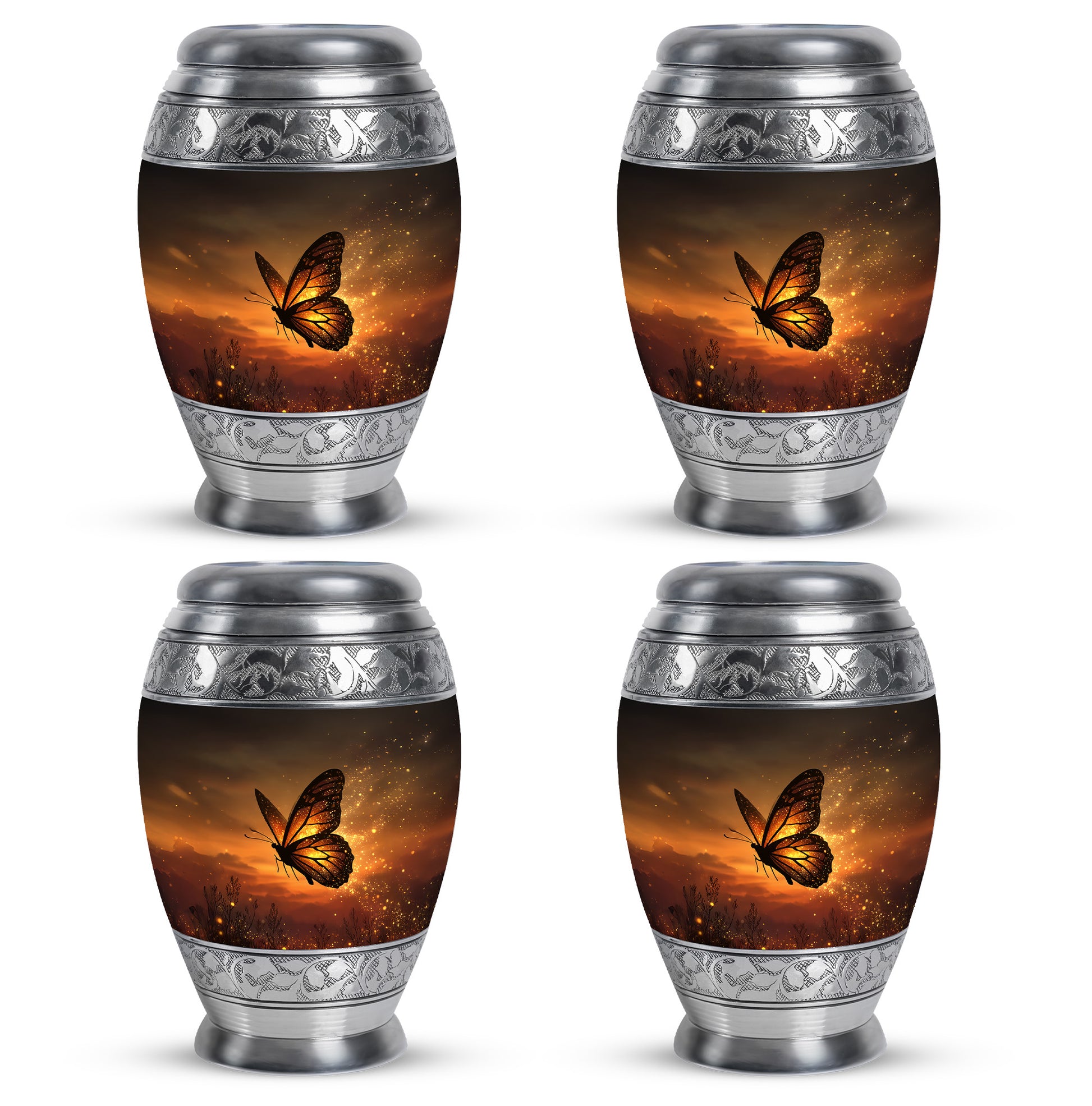 Amber Gold Butterfly Cremation Urn urn with complimentary velvet bag - ornate monarch-style butterfly relief on brushed aluminum - 10 inch aluminum urn for cremated remains