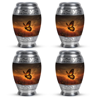 Amber Gold Butterfly Cremation Urn urn with complimentary velvet bag - ornate monarch-style butterfly relief on brushed aluminum - 10 inch aluminum urn for cremated remains