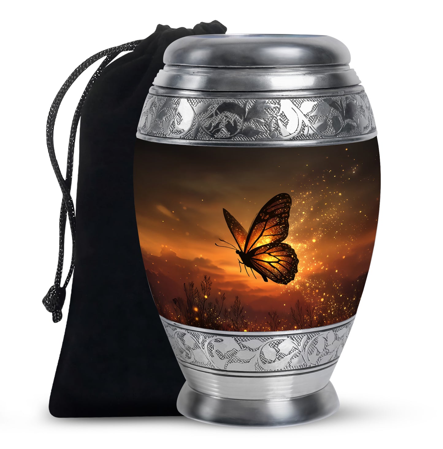 Harvest Gold Butterfly Cremation Urn back view with polished surface - royal butterfly engraving with decorative scrollwork - full-size 10 inch 200 cubic inch adult cremation urn