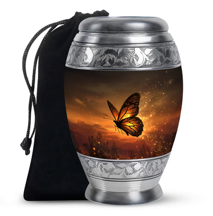 Harvest Gold Butterfly Cremation Urn back view with polished surface - royal butterfly engraving with decorative scrollwork - full-size 10 inch 200 cubic inch adult cremation urn