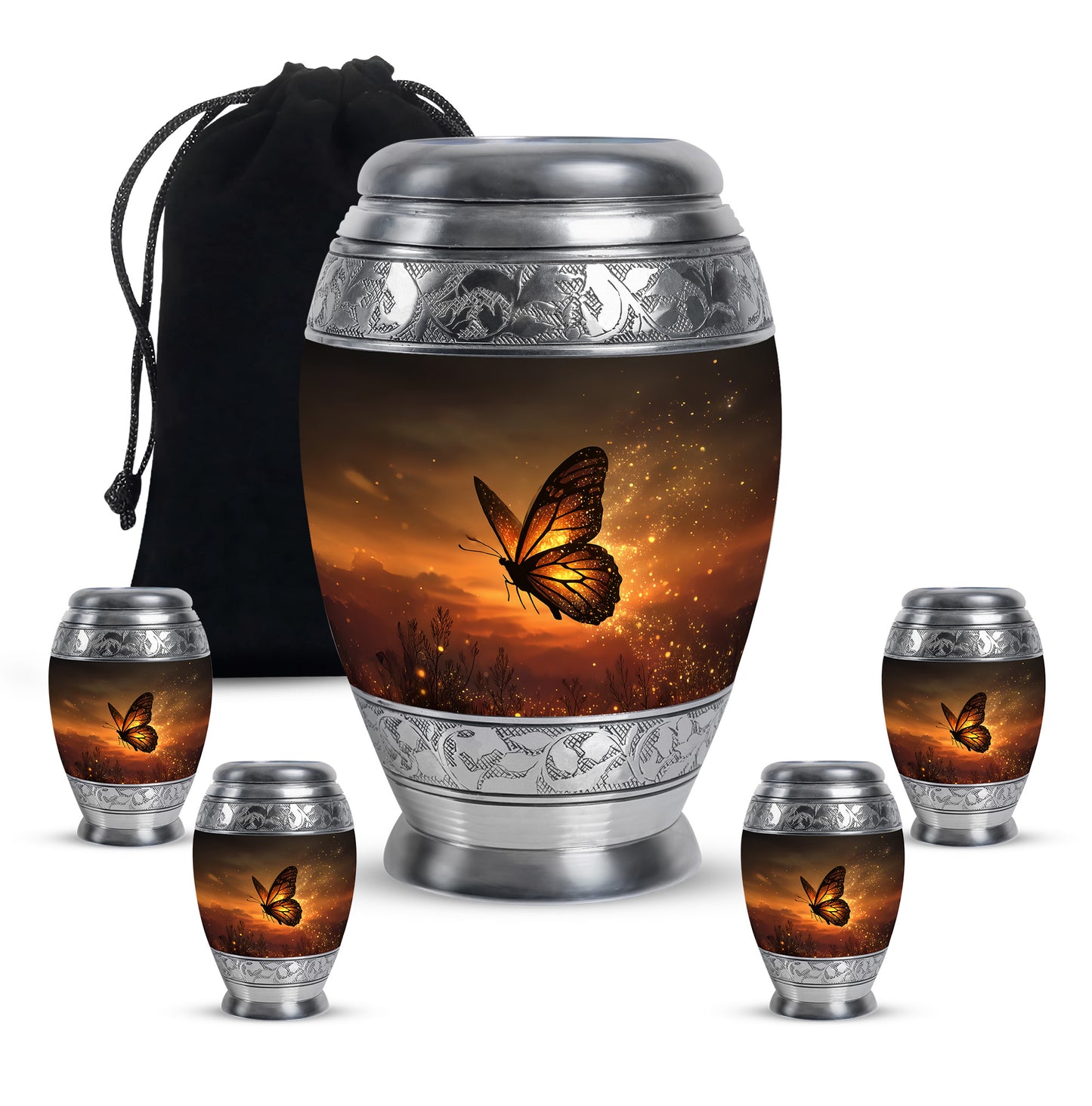 Royal Gold Butterfly Cremation Urn detail view - royal butterfly engraving with decorative scrollwork - memorial set with one large and four small urns