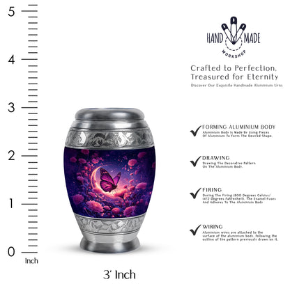 Dusty Blue Butterfly Cremation Urn lifestyle display on memorial shelf - ornate monarch-style butterfly relief on brushed aluminum - mini keepsake memorial for portion of cremation ashes