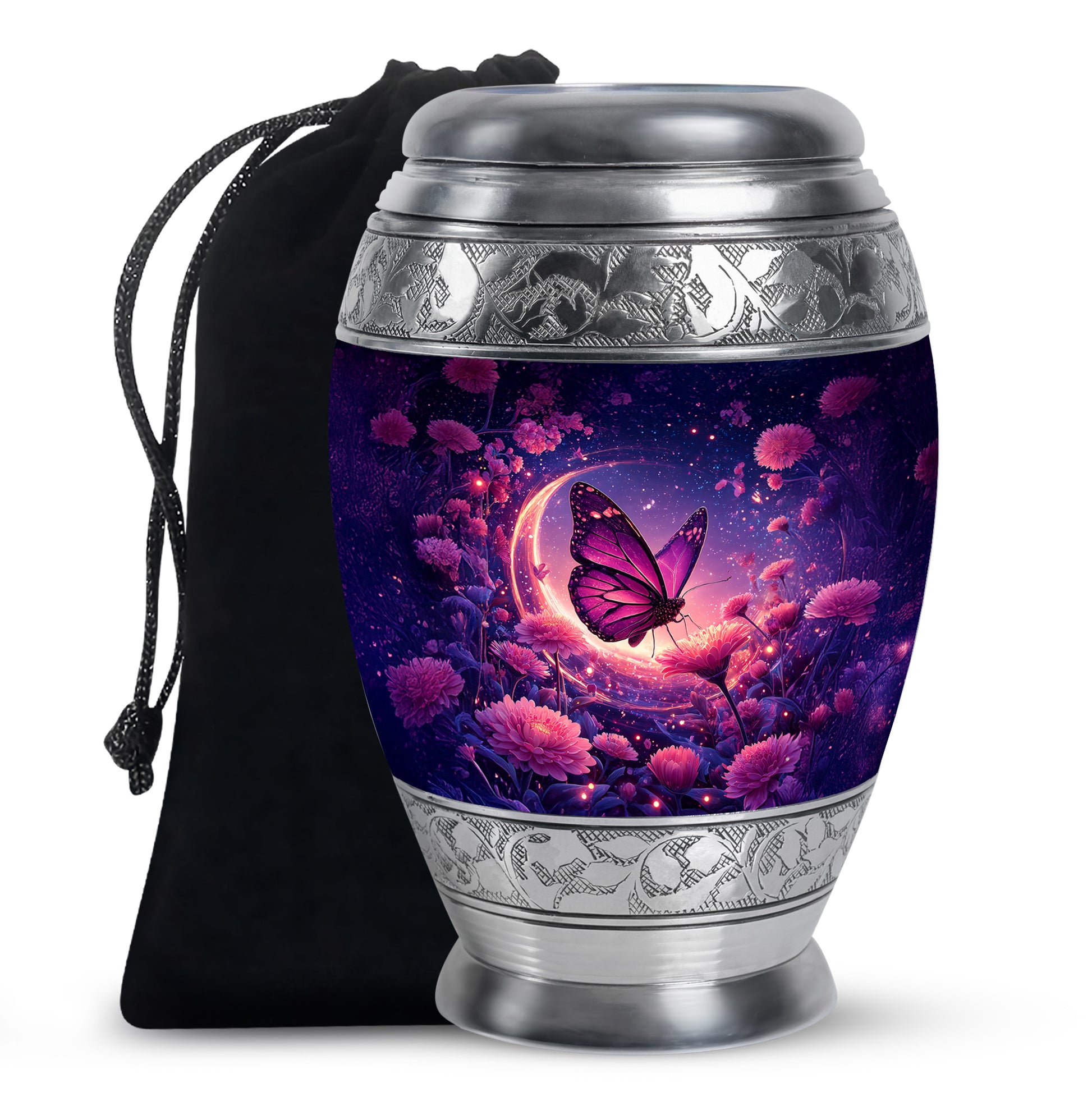Icy Blue Butterfly Cremation Urn back view with polished surface - regal butterfly design with crown-inspired accents - full-size 10 inch 200 cubic inch adult cremation urn