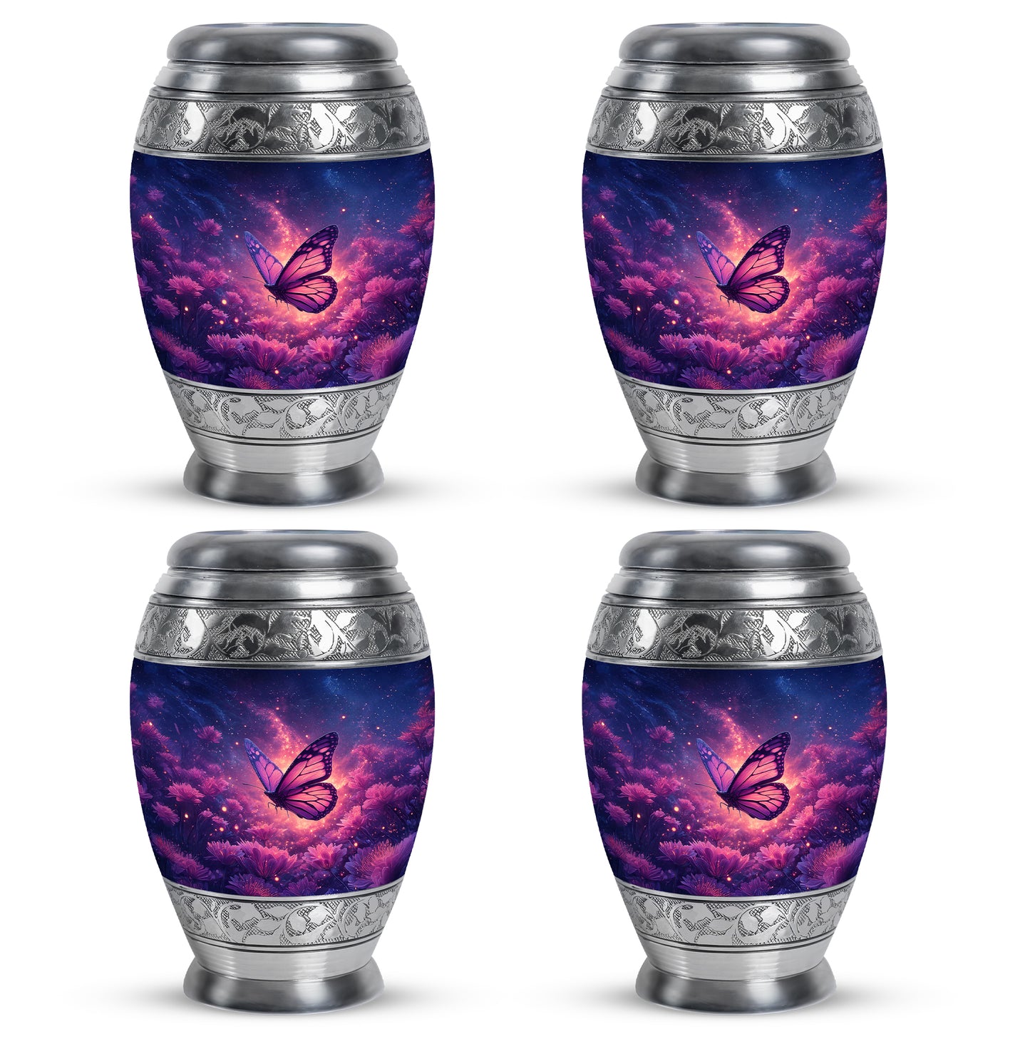 Dusty Blue Butterfly Cremation Urn urn with complimentary velvet bag - ornate monarch-style butterfly relief on brushed aluminum - 10 inch aluminum urn for cremated remains