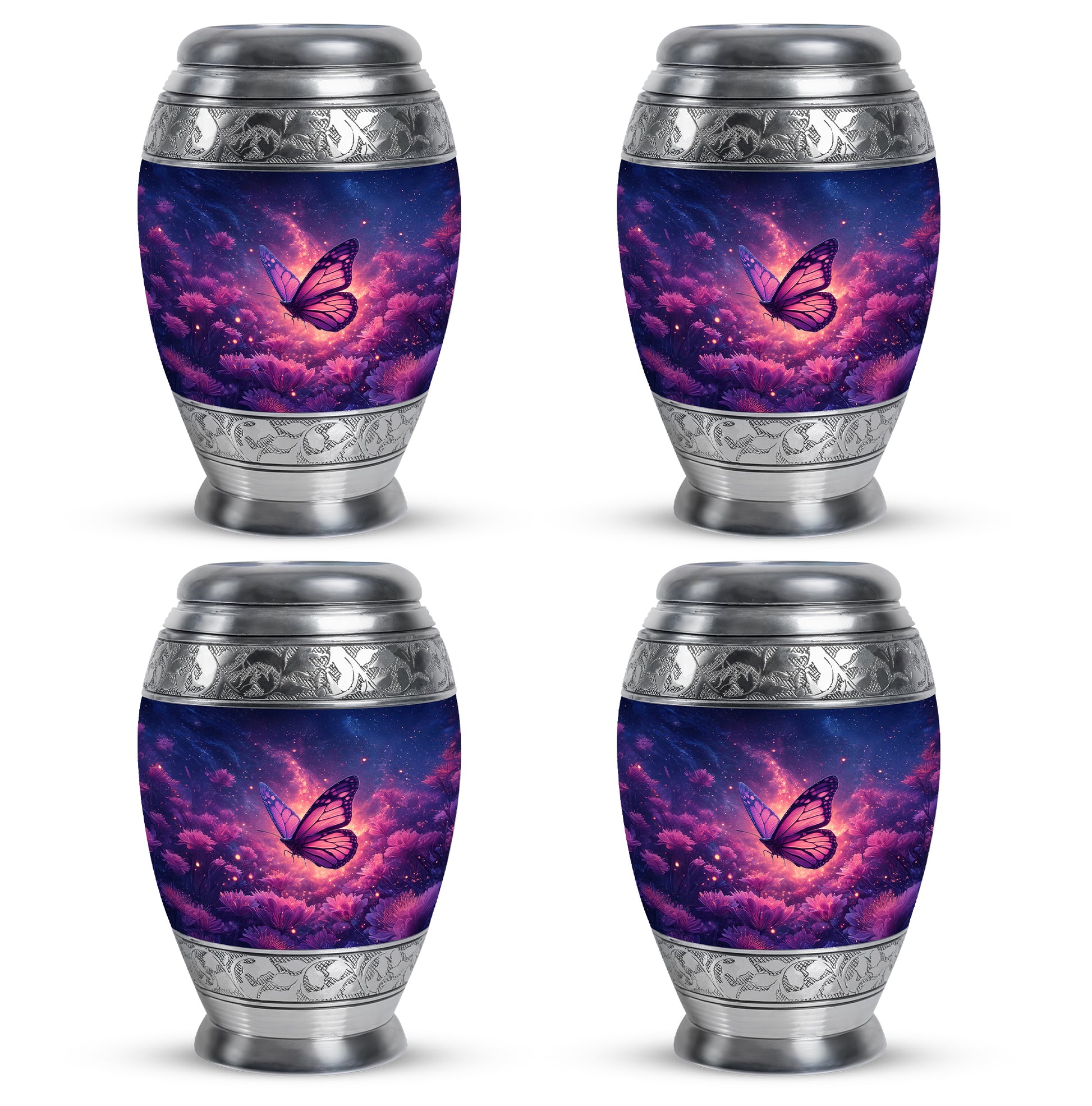 Dusty Blue Butterfly Cremation Urn urn with complimentary velvet bag - ornate monarch-style butterfly relief on brushed aluminum - 10 inch aluminum urn for cremated remains