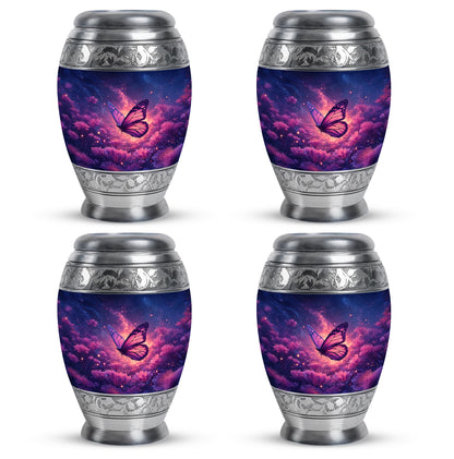 Dusty Blue Butterfly Cremation Urn urn with complimentary velvet bag - ornate monarch-style butterfly relief on brushed aluminum - 10 inch aluminum urn for cremated remains