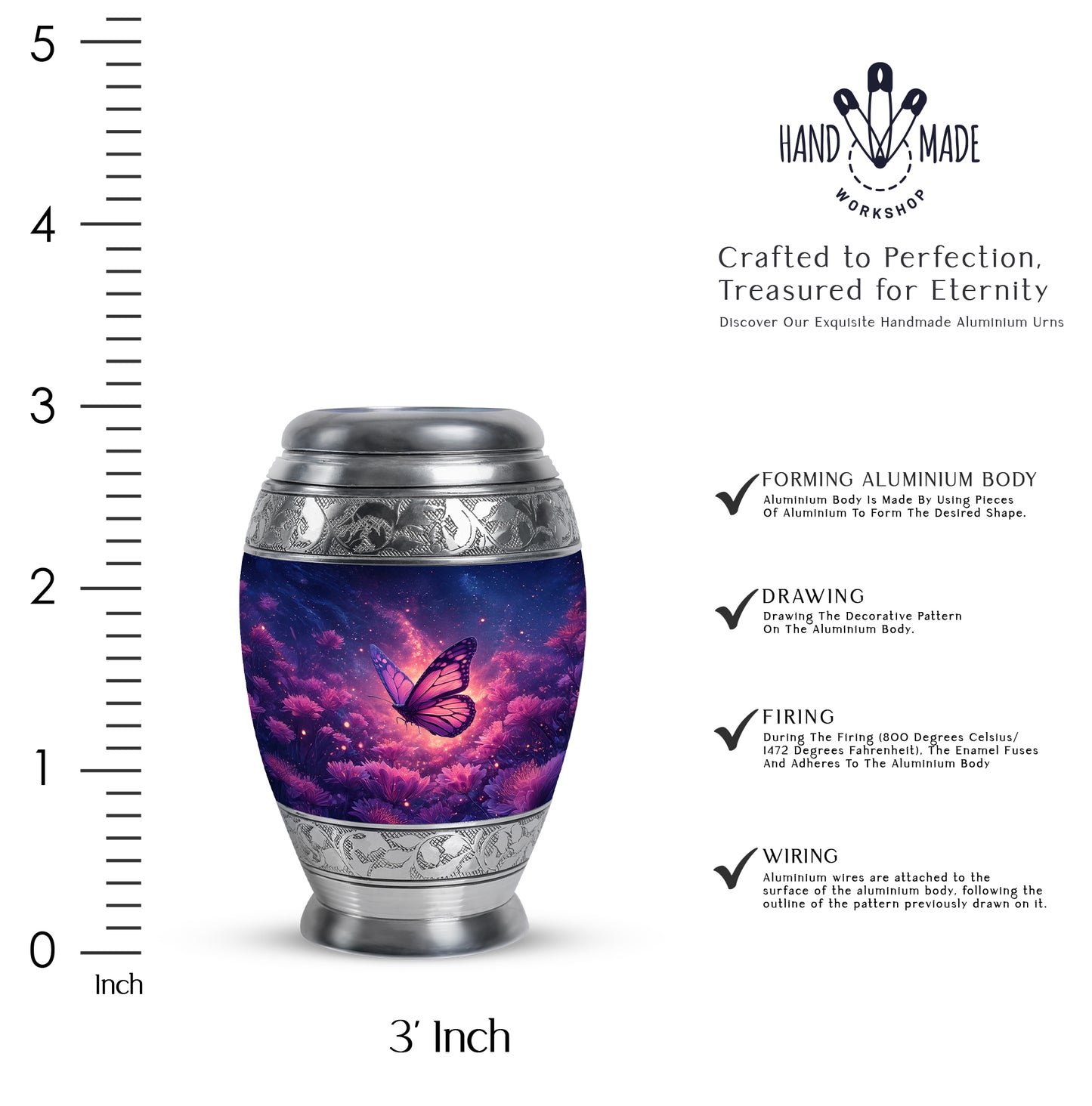 Navy Blue Butterfly Cremation Urn lifestyle display on memorial shelf - ornate monarch-style butterfly relief on brushed aluminum - mini keepsake memorial for portion of cremation ashes