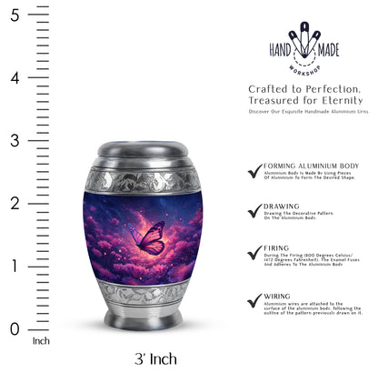Navy Blue Butterfly Cremation Urn lifestyle display on memorial shelf - ornate monarch-style butterfly relief on brushed aluminum - mini keepsake memorial for portion of cremation ashes