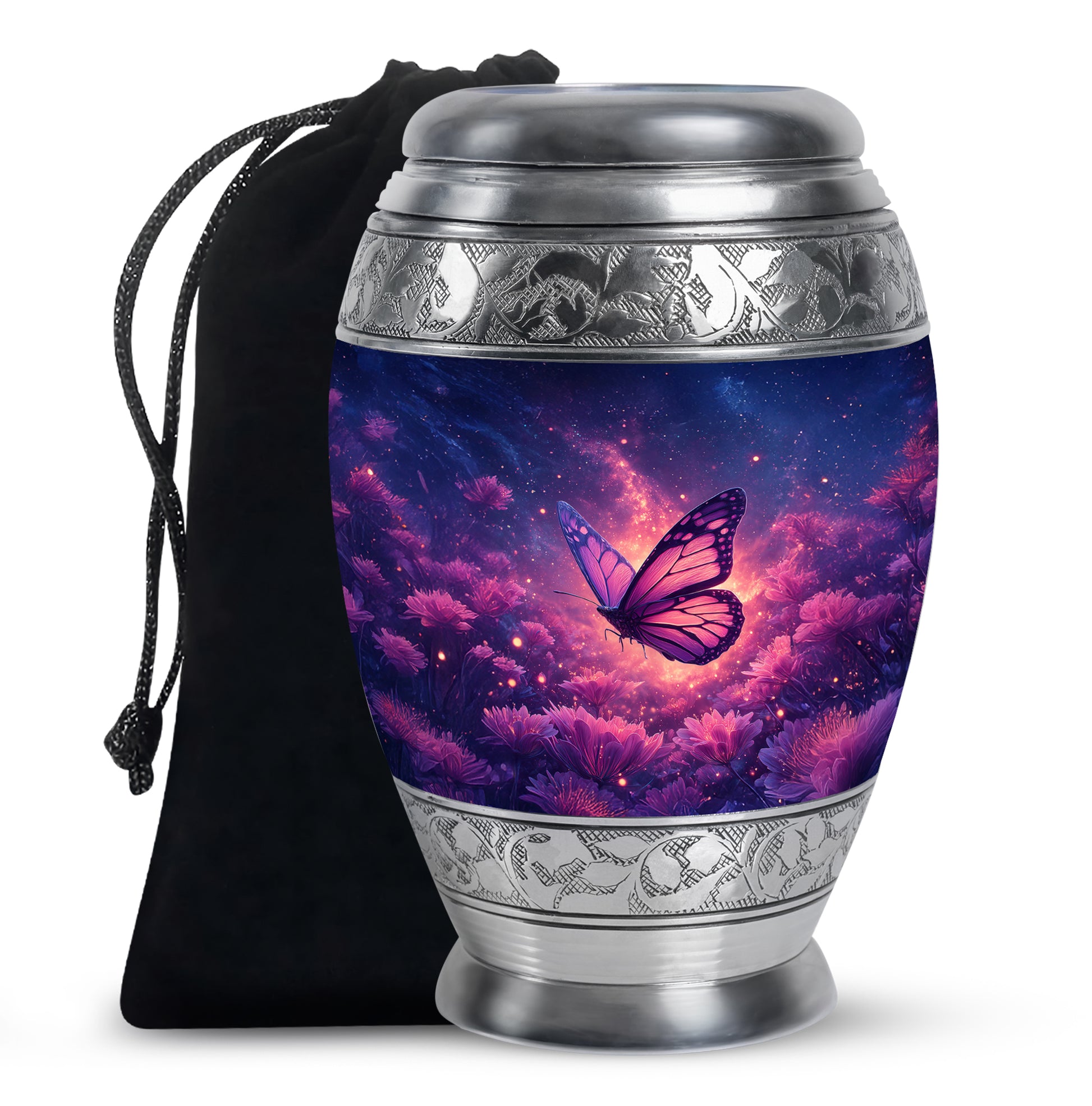 Twilight Blue Butterfly Cremation Urn back view with polished surface - royal butterfly engraving with decorative scrollwork - full-size 10 inch 200 cubic inch adult cremation urn