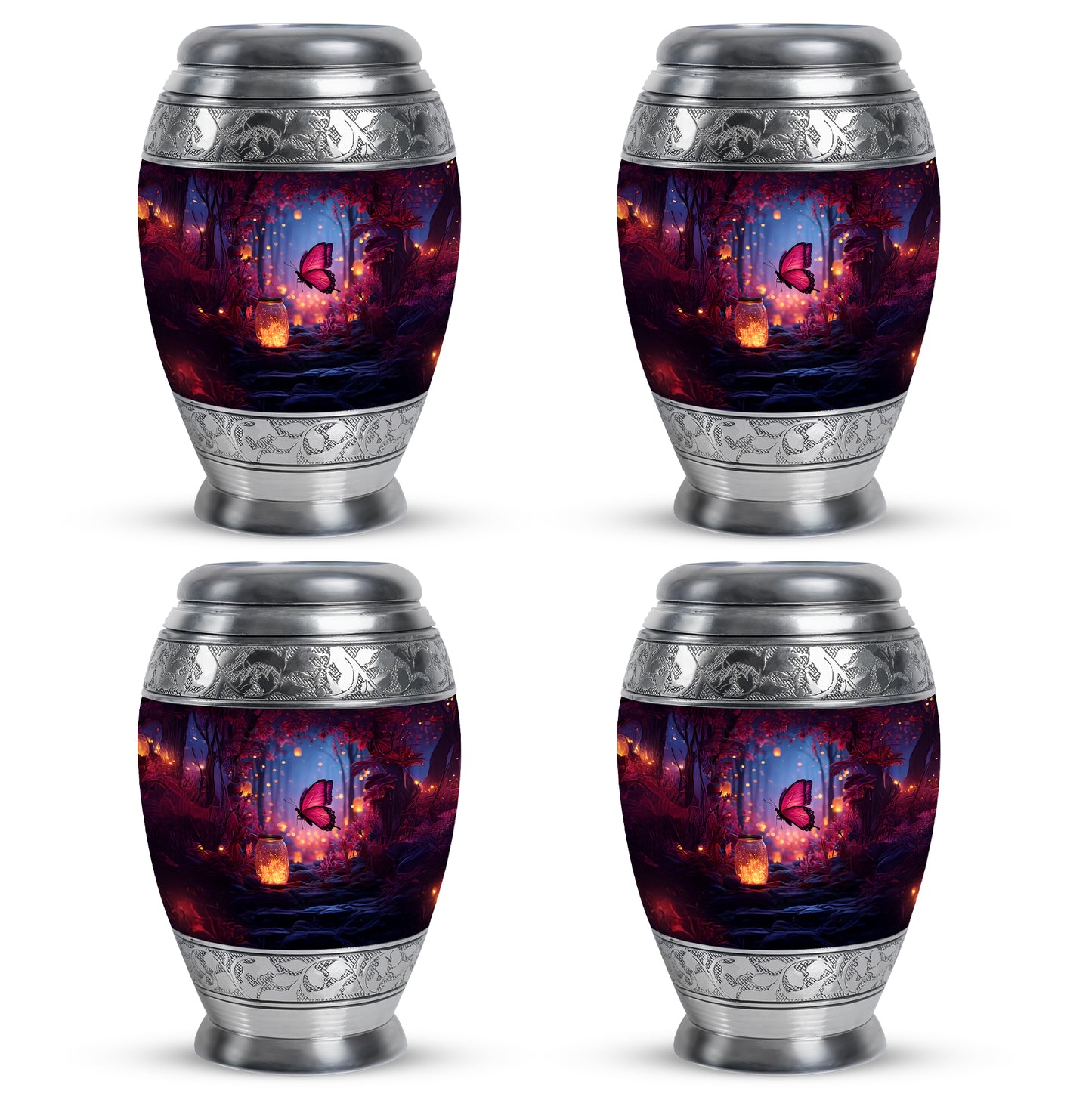 Royal Blue Butterfly Cremation Urn urn with complimentary velvet bag - majestic butterfly pattern with filigree border - 10 inch aluminum urn for cremated remains