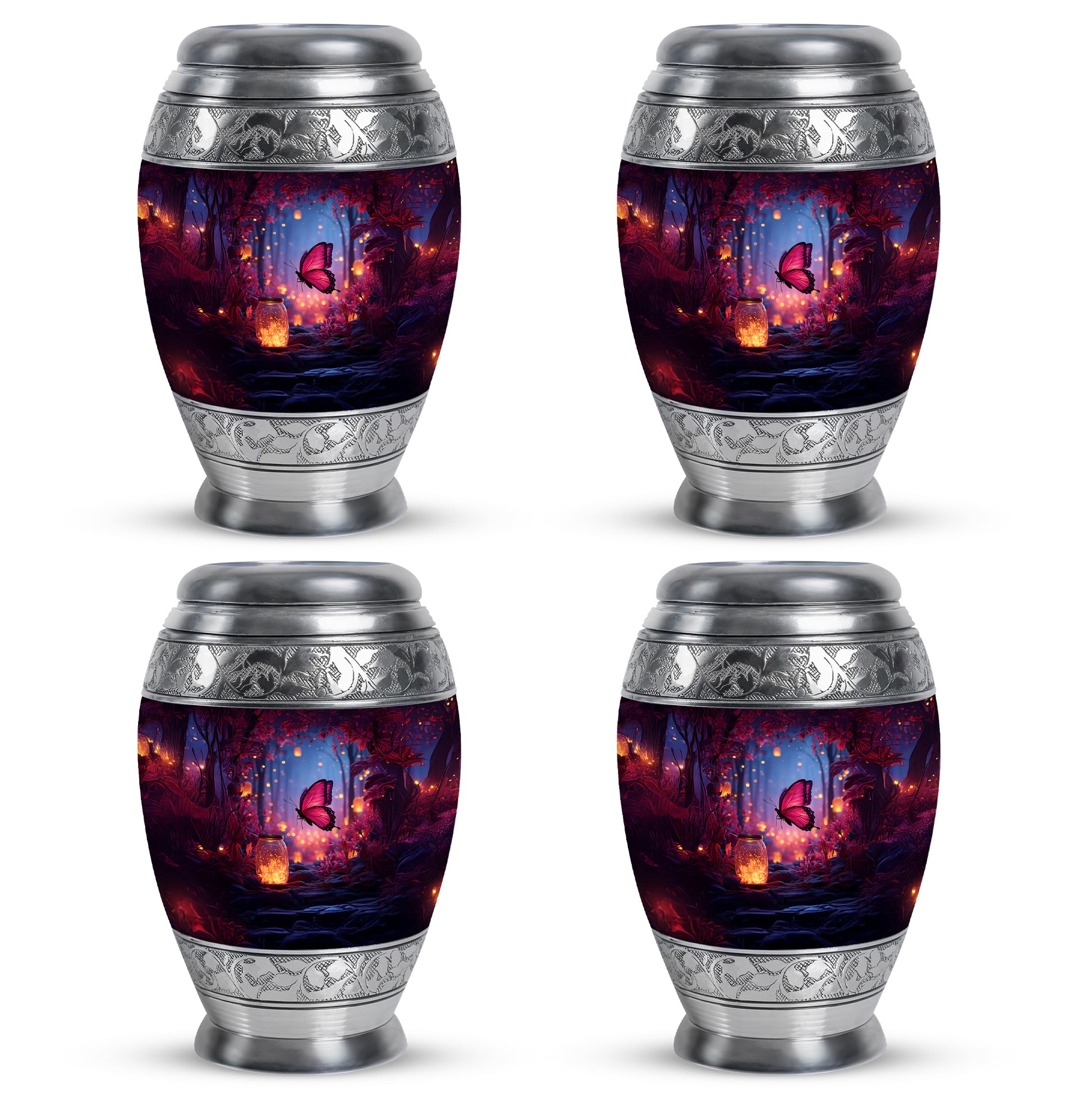 Royal Blue Butterfly Cremation Urn urn with complimentary velvet bag - majestic butterfly pattern with filigree border - 10 inch aluminum urn for cremated remains