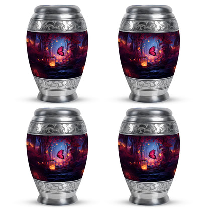 Royal Blue Butterfly Cremation Urn urn with complimentary velvet bag - majestic butterfly pattern with filigree border - 10 inch aluminum urn for cremated remains