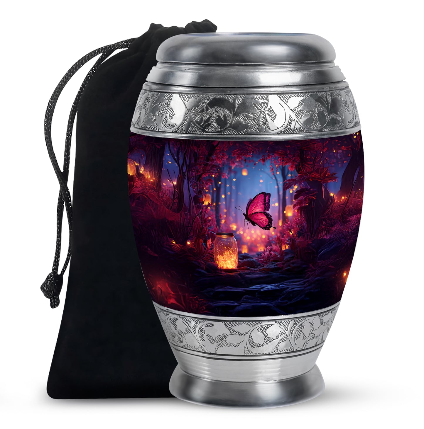 Vivid Blue Butterfly Cremation Urn back view with polished surface - majestic butterfly pattern with filigree border - full-size 10 inch 200 cubic inch adult cremation urn