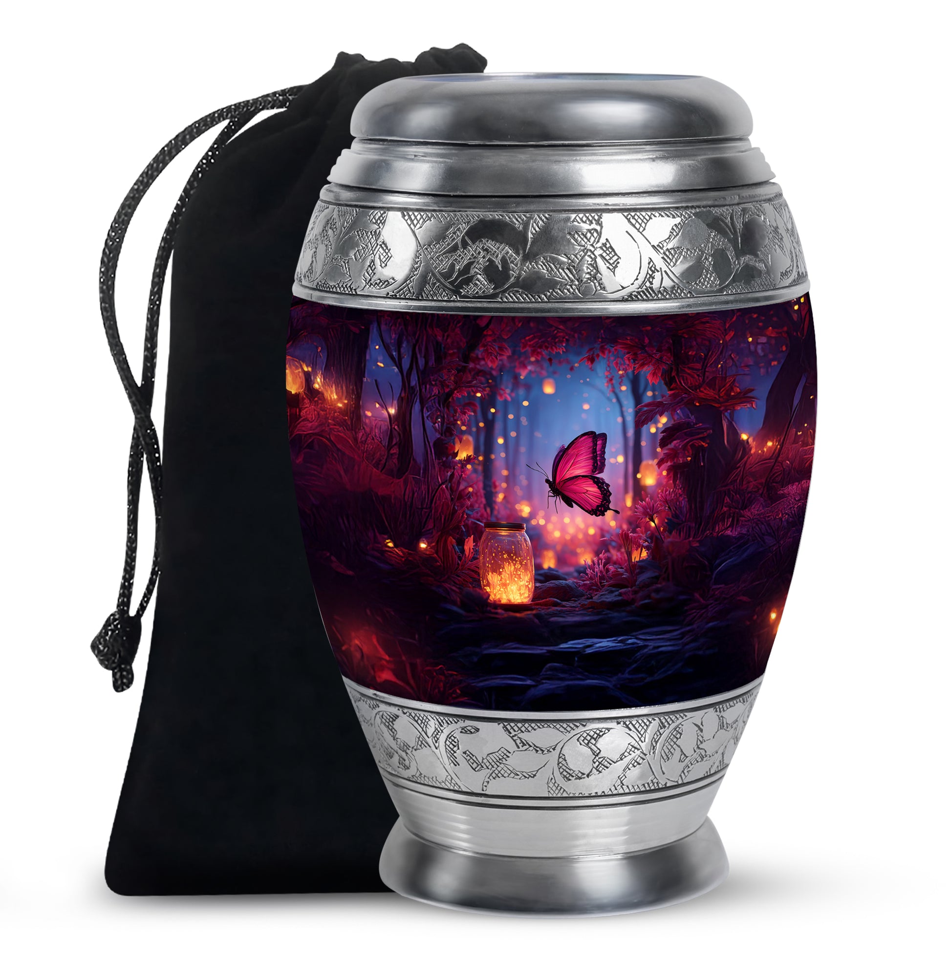 Vivid Blue Butterfly Cremation Urn back view with polished surface - majestic butterfly pattern with filigree border - full-size 10 inch 200 cubic inch adult cremation urn