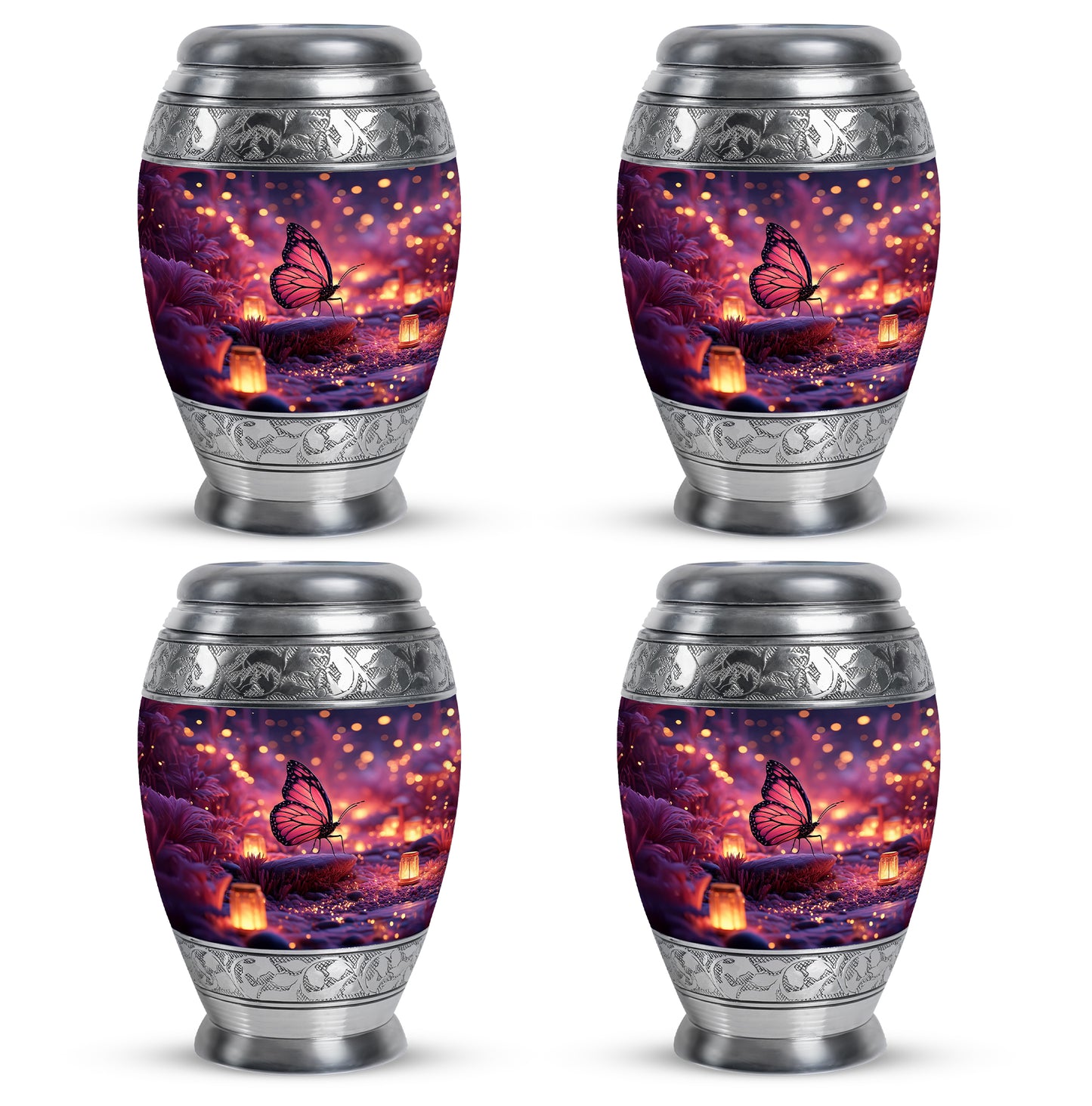 Cobalt Blue Butterfly Cremation Urn urn with complimentary velvet bag - royal butterfly engraving with decorative scrollwork - 10 inch aluminum urn for cremated remains