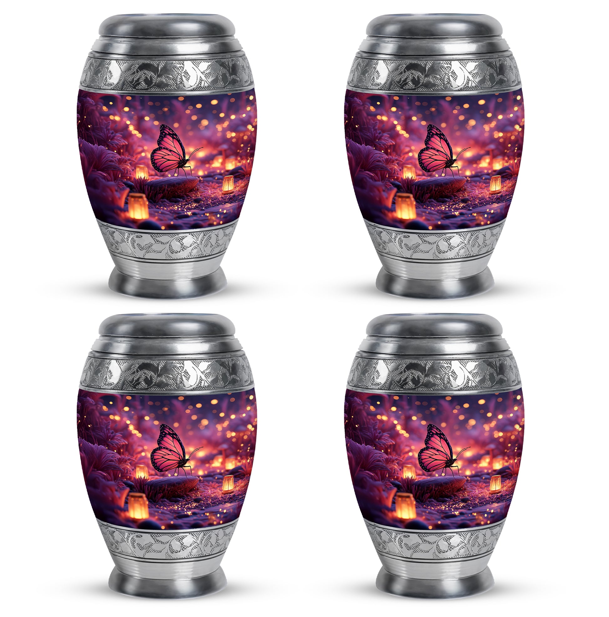 Cobalt Blue Butterfly Cremation Urn urn with complimentary velvet bag - royal butterfly engraving with decorative scrollwork - 10 inch aluminum urn for cremated remains