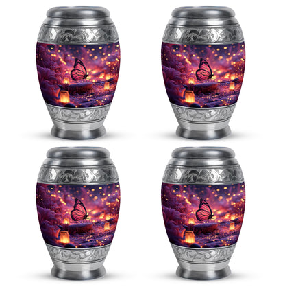 Cobalt Blue Butterfly Cremation Urn urn with complimentary velvet bag - royal butterfly engraving with decorative scrollwork - 10 inch aluminum urn for cremated remains
