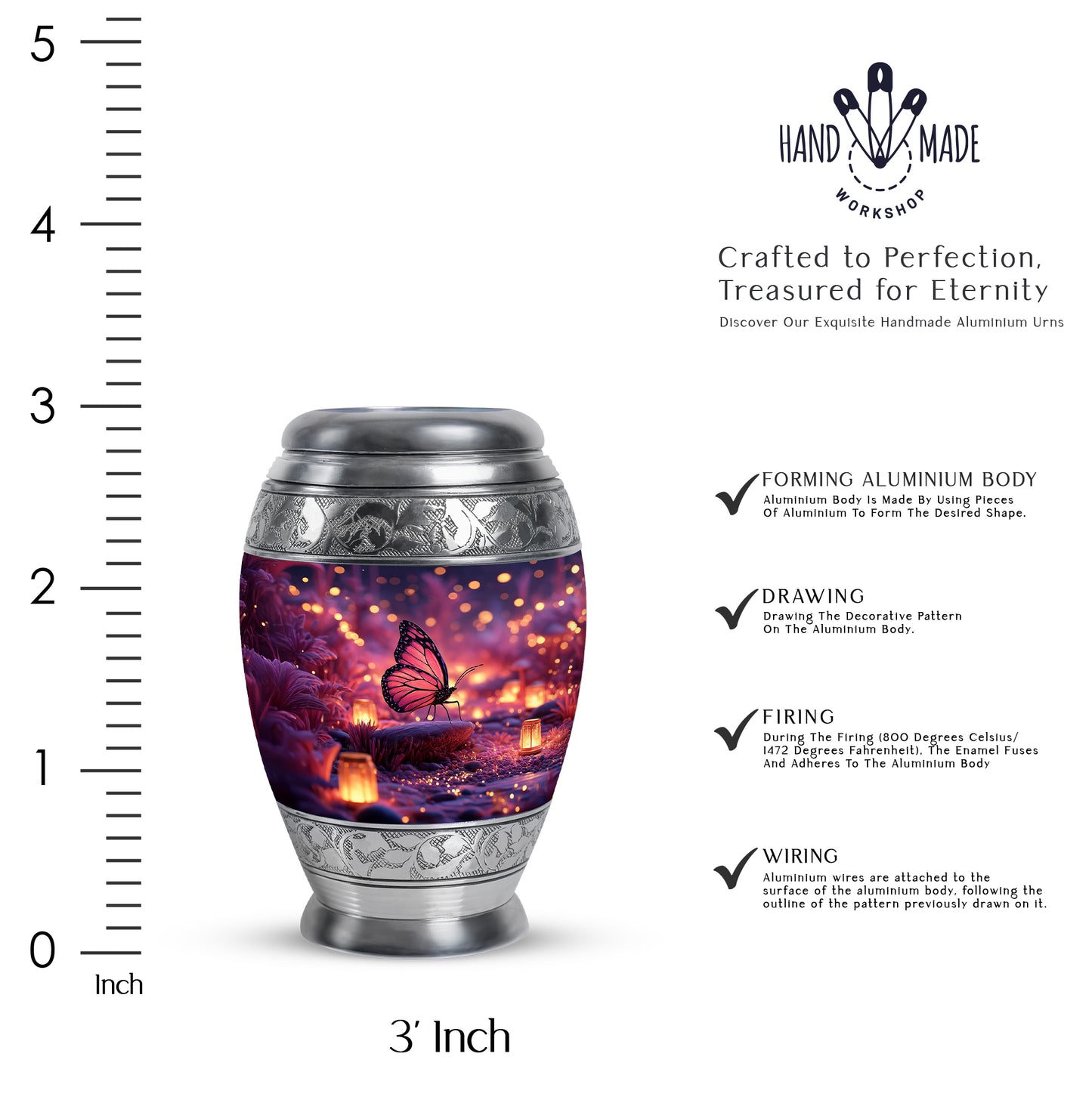 Steel Blue Butterfly Cremation Urn lifestyle display on memorial shelf - majestic butterfly pattern with filigree border - mini keepsake memorial for portion of cremation ashes