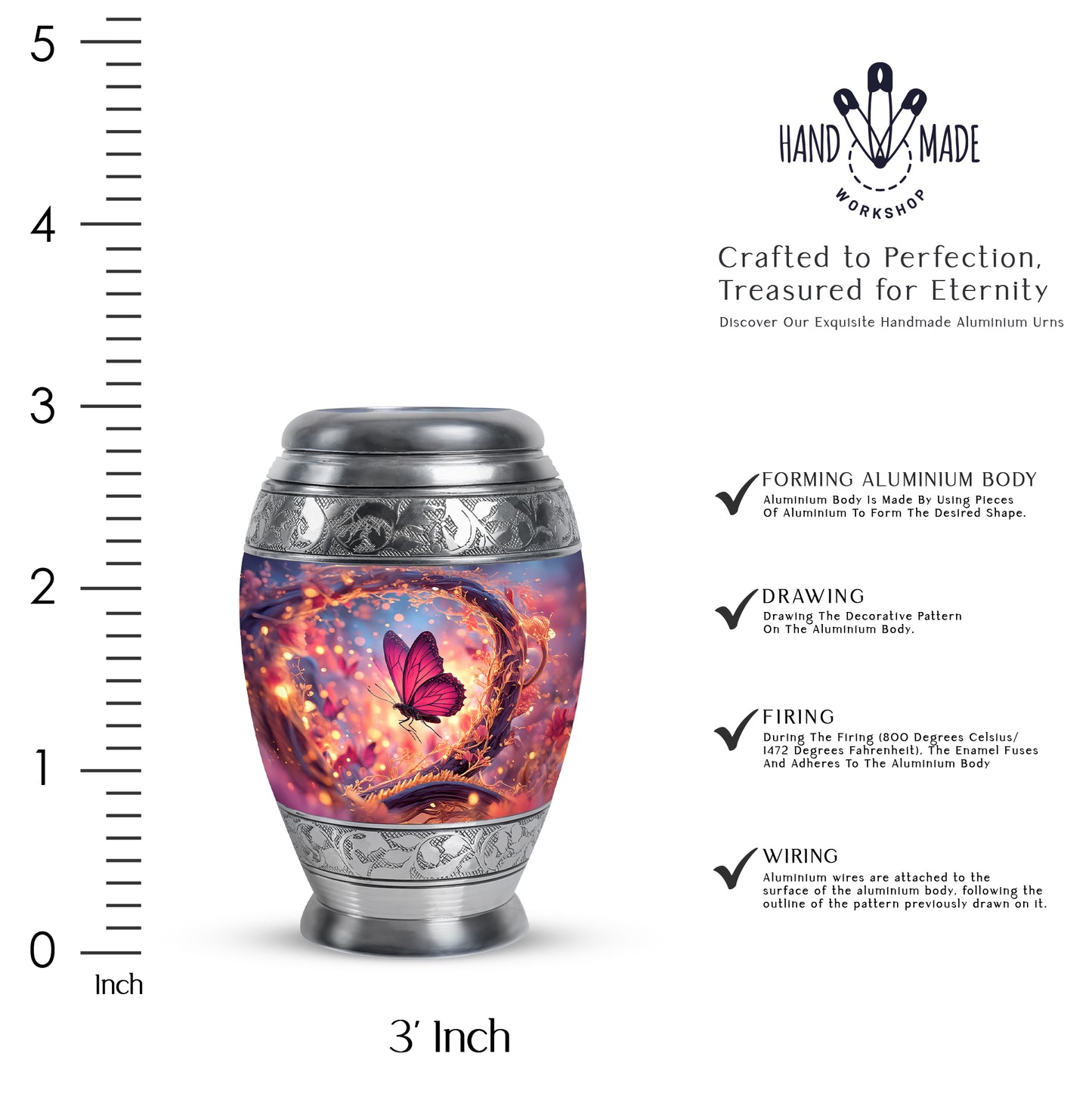 Calming Blue Butterfly Cremation Urn lifestyle display on memorial shelf - royal butterfly engraving with decorative scrollwork - mini keepsake memorial for portion of cremation ashes
