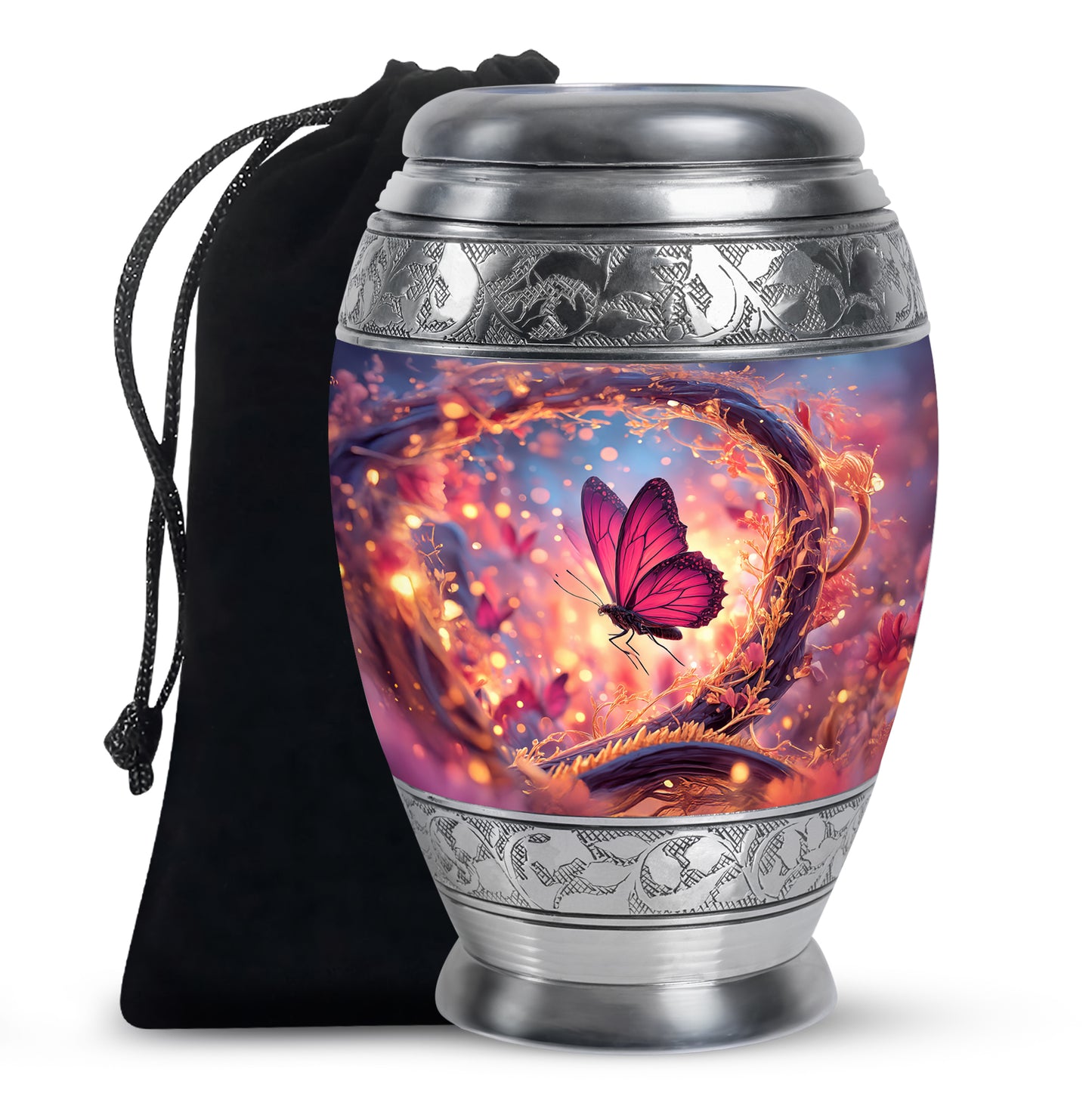 Royal Blue Butterfly Cremation Urn back view with polished surface - royal butterfly engraving with decorative scrollwork - full-size 10 inch 200 cubic inch adult cremation urn