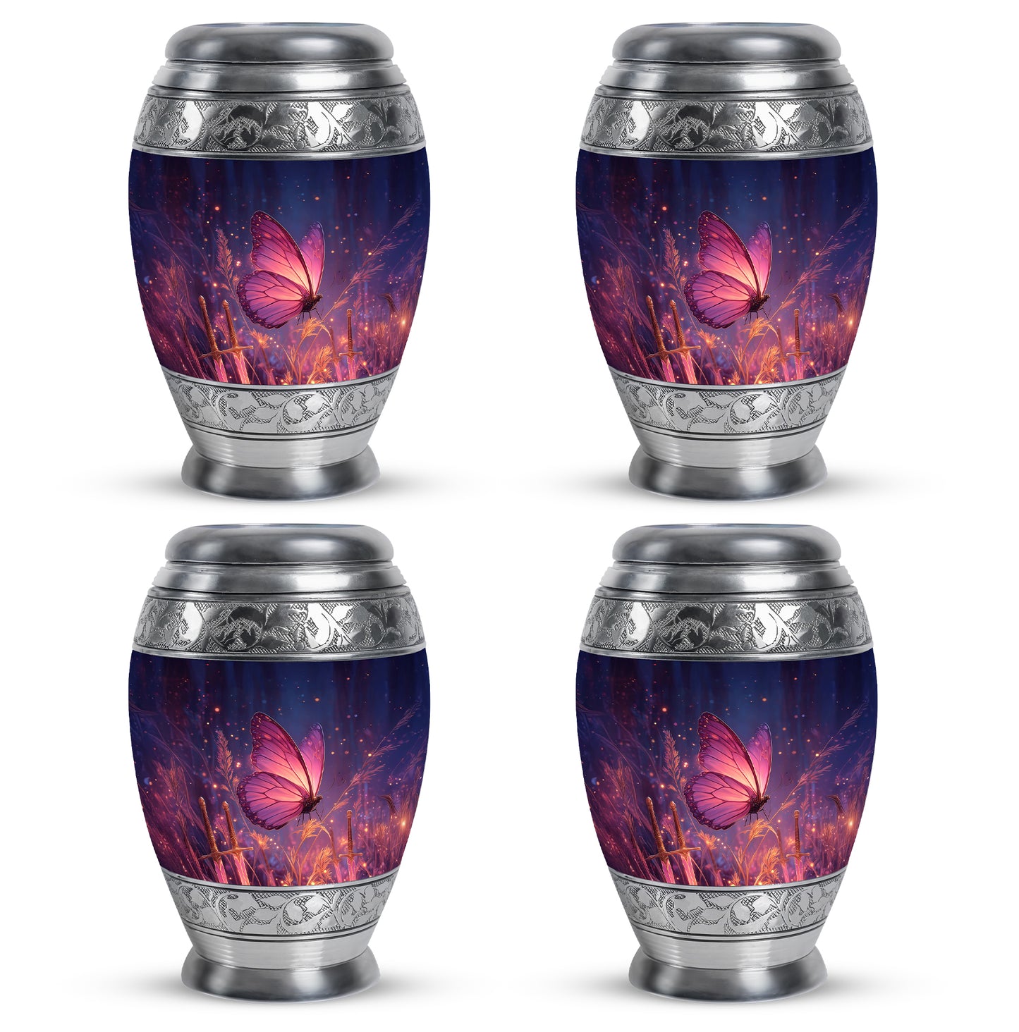 Celestial Blue Butterfly Cremation Urn urn with complimentary velvet bag - ornate monarch-style butterfly relief on brushed aluminum - 10 inch aluminum urn for cremated remains