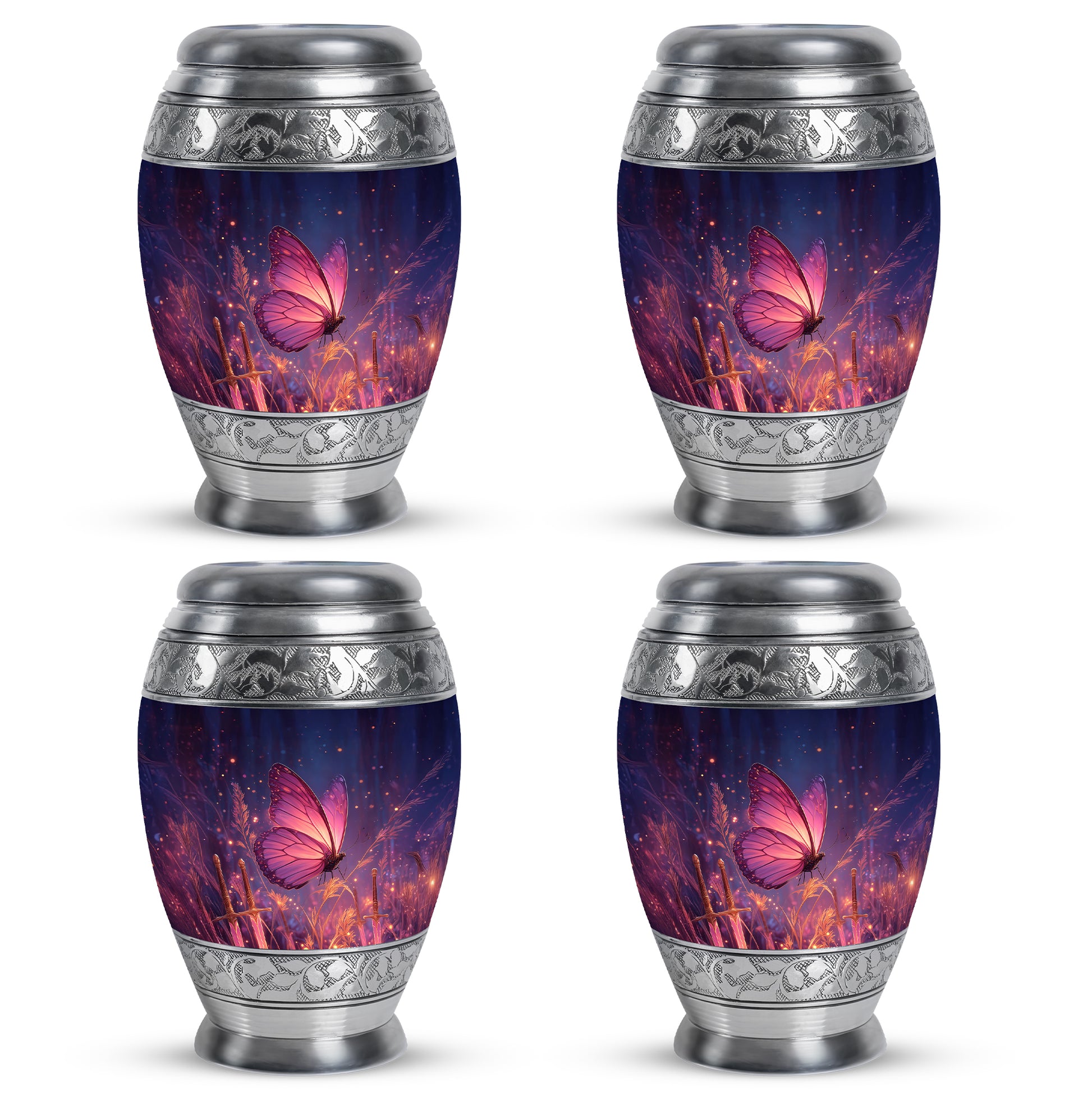 Celestial Blue Butterfly Cremation Urn urn with complimentary velvet bag - ornate monarch-style butterfly relief on brushed aluminum - 10 inch aluminum urn for cremated remains