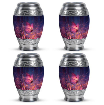 Celestial Blue Butterfly Cremation Urn urn with complimentary velvet bag - ornate monarch-style butterfly relief on brushed aluminum - 10 inch aluminum urn for cremated remains