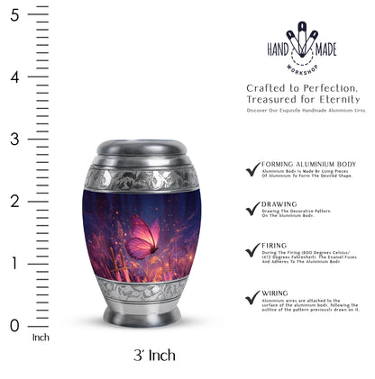 Bright Blue Butterfly Cremation Urn lifestyle display on memorial shelf - majestic butterfly pattern with filigree border - mini keepsake memorial for portion of cremation ashes