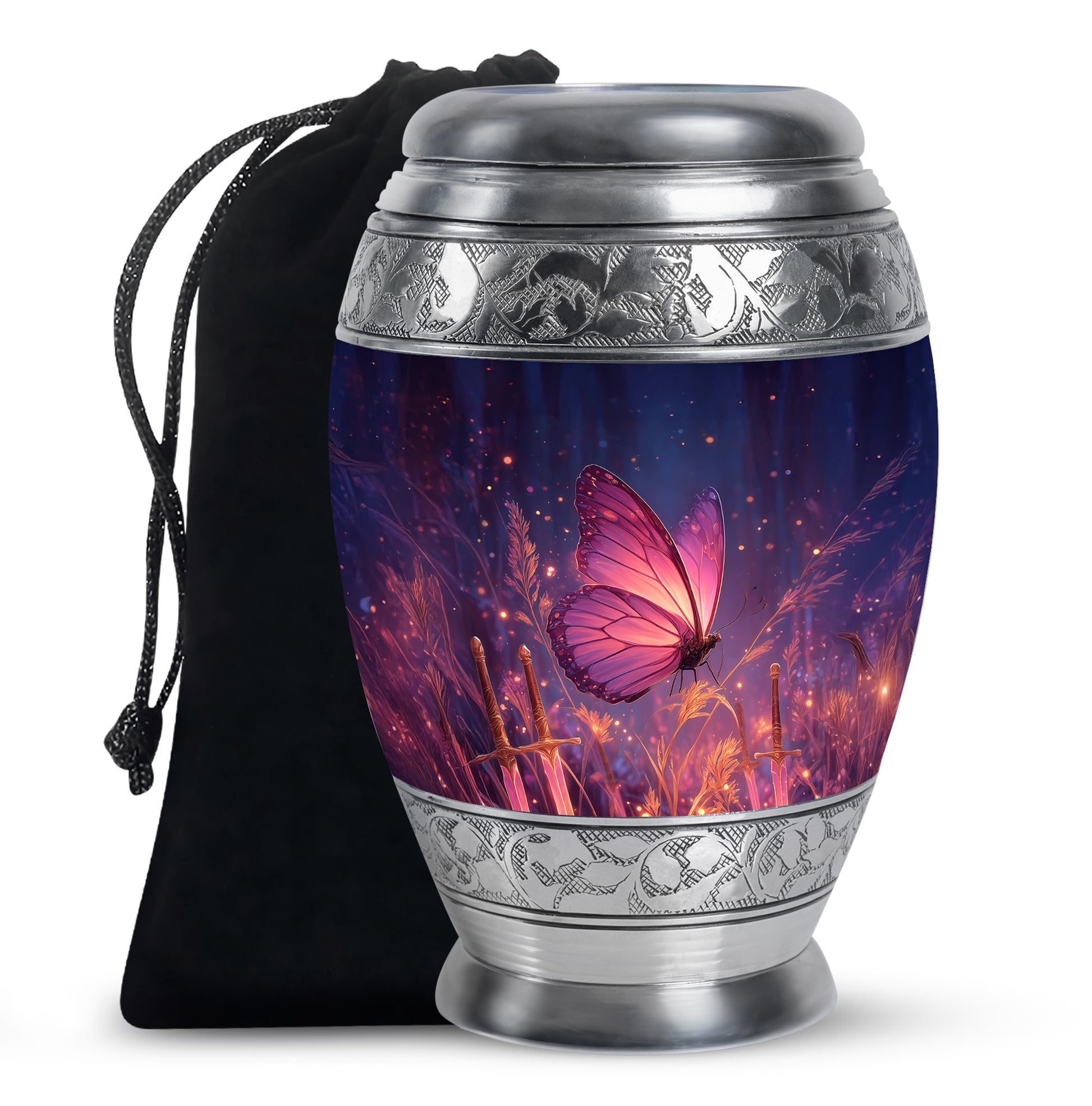 Pastel Blue Butterfly Cremation Urn back view with polished surface - regal butterfly design with crown-inspired accents - full-size 10 inch 200 cubic inch adult cremation urn