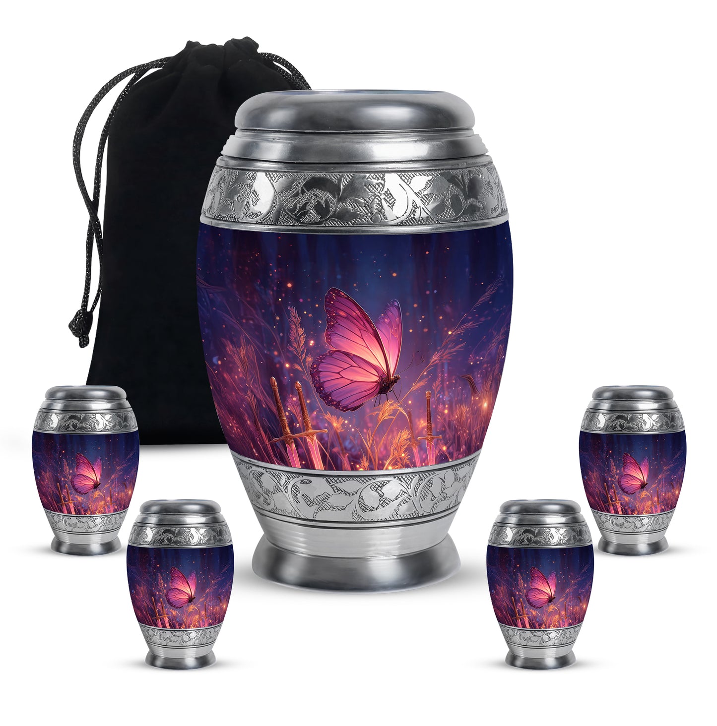 Indigo Butterfly Cremation Urn detail view - regal butterfly design with crown-inspired accents - memorial set with one large and four small urns