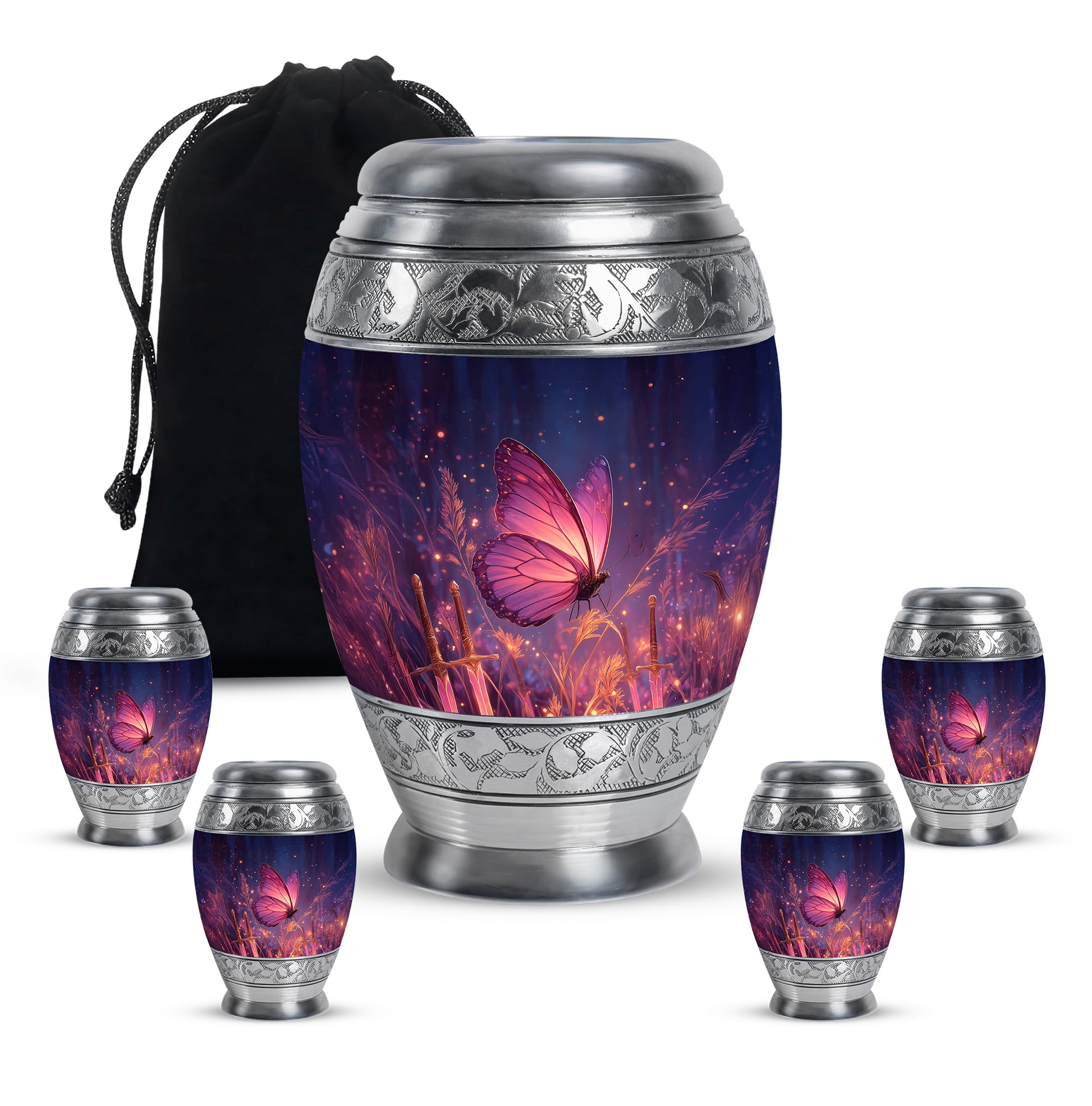 Indigo Butterfly Cremation Urn detail view - regal butterfly design with crown-inspired accents - memorial set with one large and four small urns