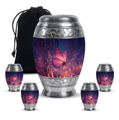 Indigo Butterfly Cremation Urn detail view - regal butterfly design with crown-inspired accents - memorial set with one large and four small urns
