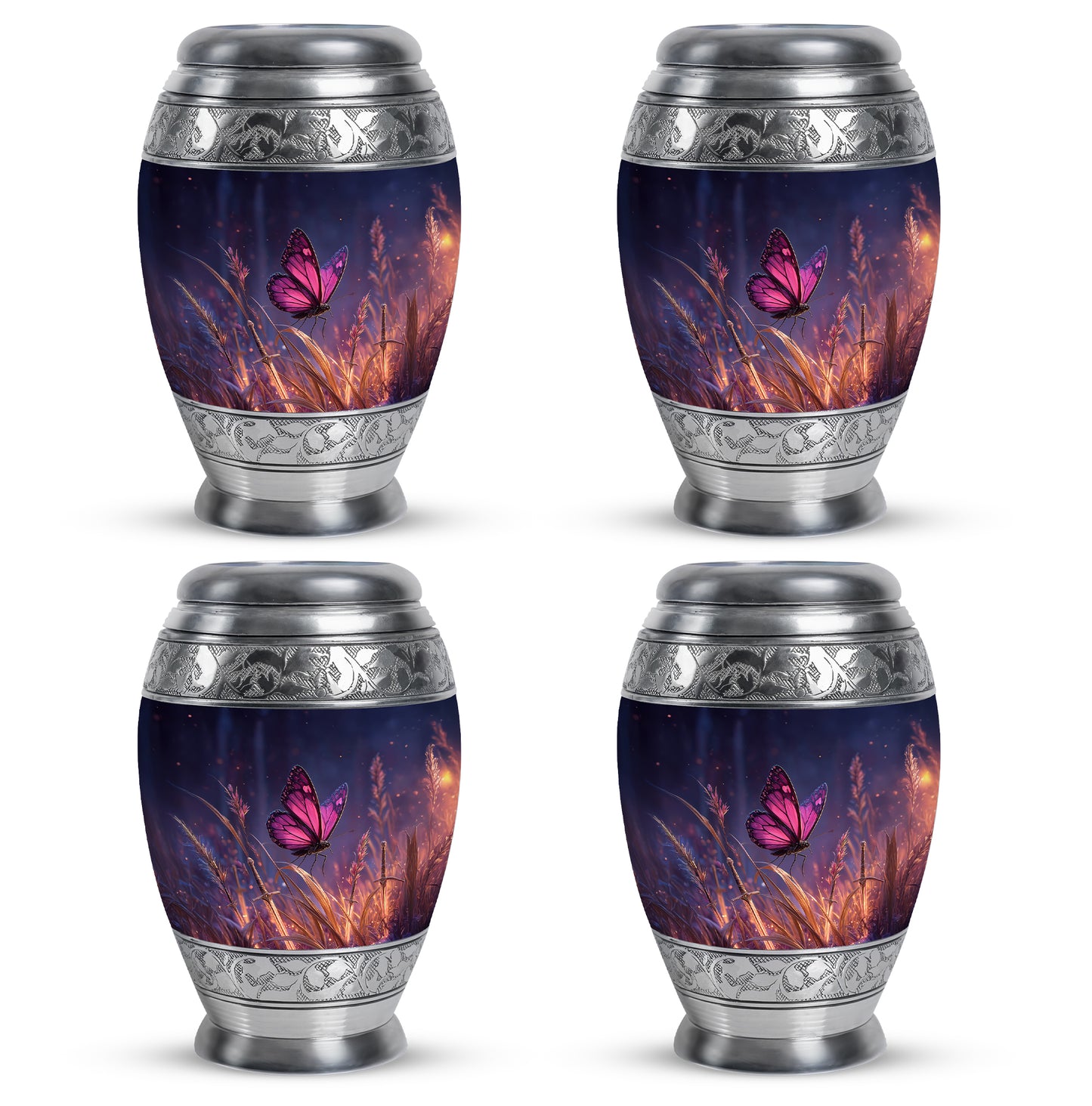 Twilight Blue Butterfly Cremation Urn urn with complimentary velvet bag - royal butterfly engraving with decorative scrollwork - 10 inch aluminum urn for cremated remains