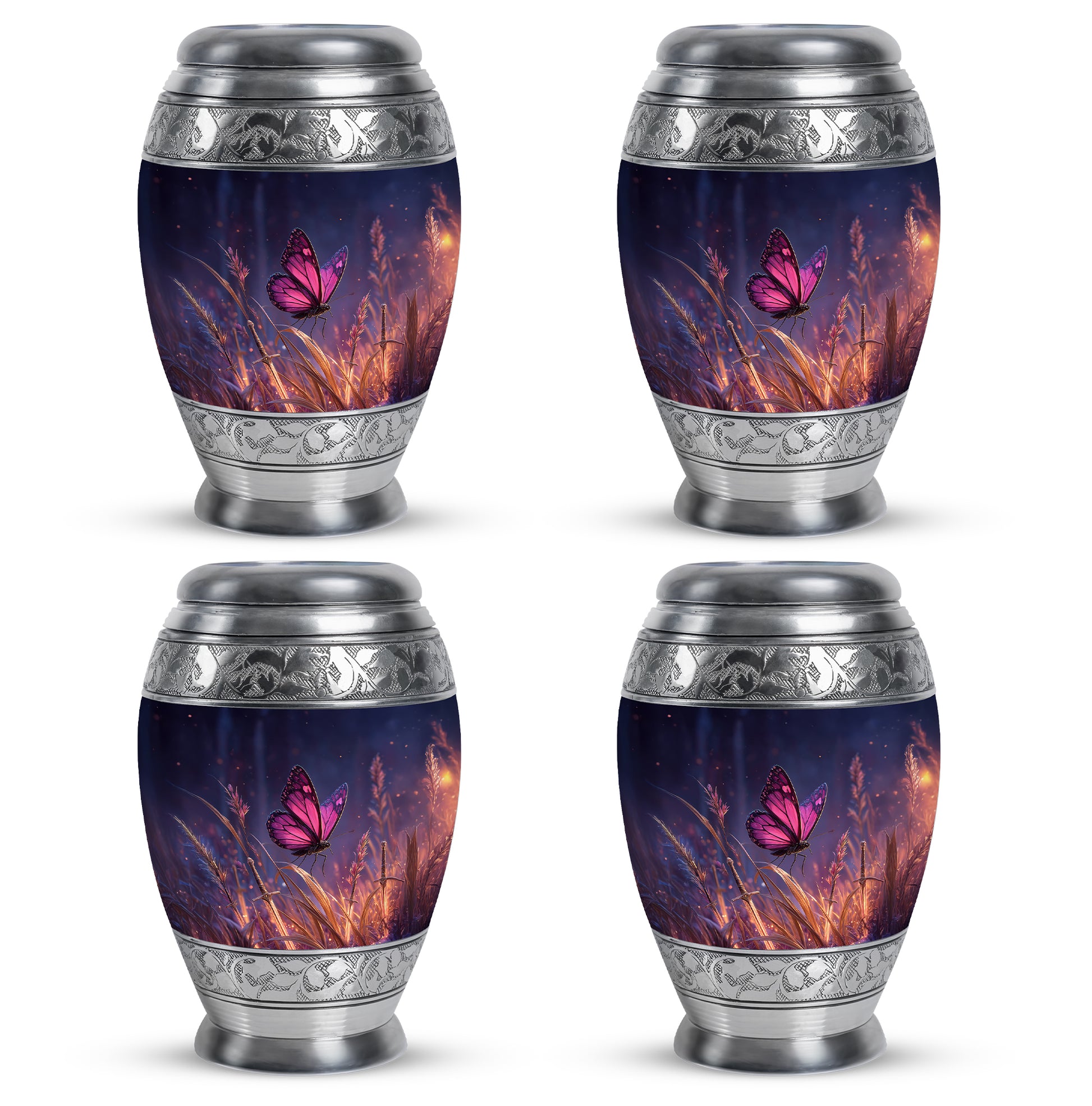 Twilight Blue Butterfly Cremation Urn urn with complimentary velvet bag - royal butterfly engraving with decorative scrollwork - 10 inch aluminum urn for cremated remains