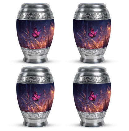 Twilight Blue Butterfly Cremation Urn urn with complimentary velvet bag - royal butterfly engraving with decorative scrollwork - 10 inch aluminum urn for cremated remains