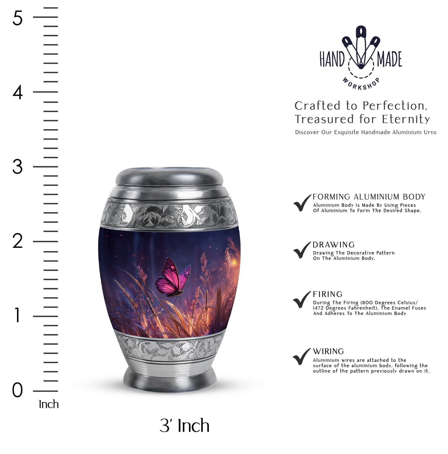 Cobalt Blue Butterfly Cremation Urn lifestyle display on memorial shelf - majestic butterfly pattern with filigree border - mini keepsake memorial for portion of cremation ashes