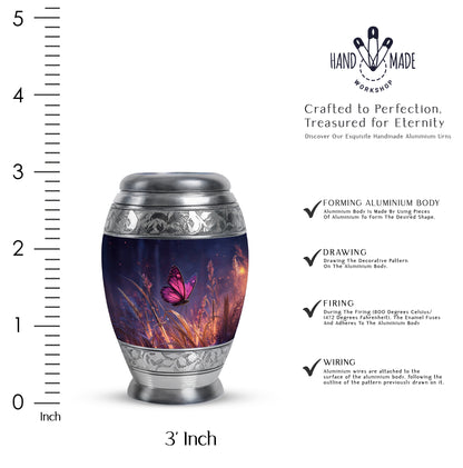 Cobalt Blue Butterfly Cremation Urn lifestyle display on memorial shelf - majestic butterfly pattern with filigree border - mini keepsake memorial for portion of cremation ashes