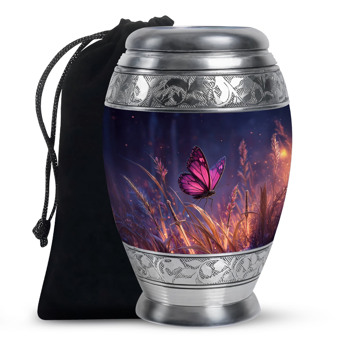 Celestial Blue Butterfly Cremation Urn back view with polished surface - ornate monarch-style butterfly relief on brushed aluminum - full-size 10 inch 200 cubic inch adult cremation urn