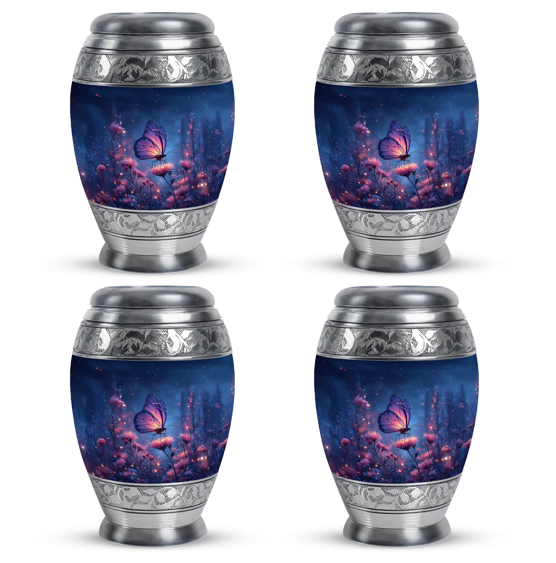 Sapphire Blue Butterfly Cremation Urn urn with complimentary velvet bag - royal butterfly engraving with decorative scrollwork - 10 inch aluminum urn for cremated remains