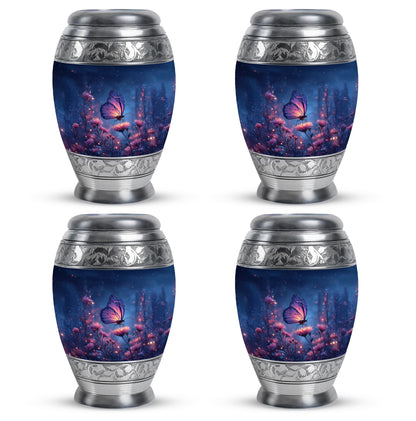 Sapphire Blue Butterfly Cremation Urn urn with complimentary velvet bag - royal butterfly engraving with decorative scrollwork - 10 inch aluminum urn for cremated remains