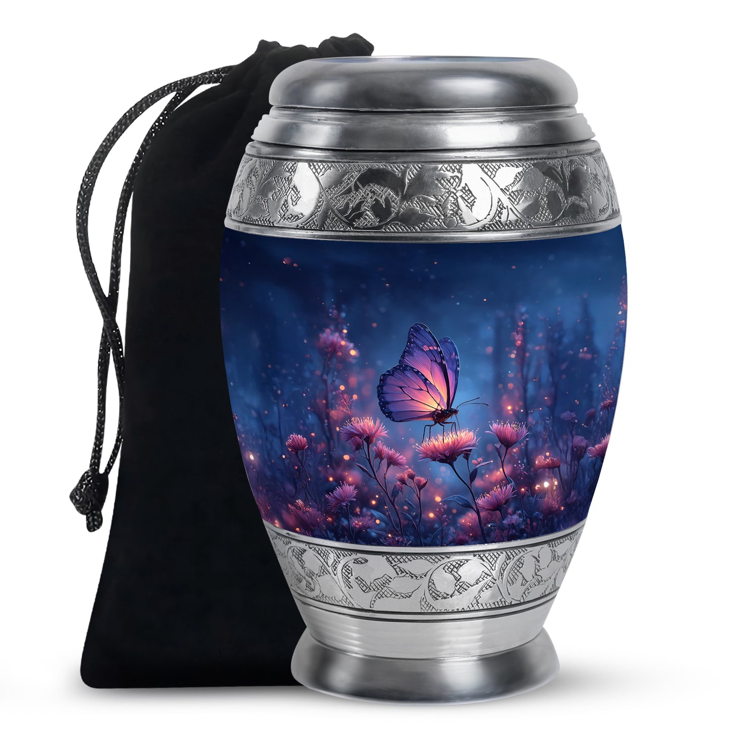 Bright Blue Butterfly Cremation Urn back view with polished surface - majestic butterfly pattern with filigree border - full-size 10 inch 200 cubic inch adult cremation urn