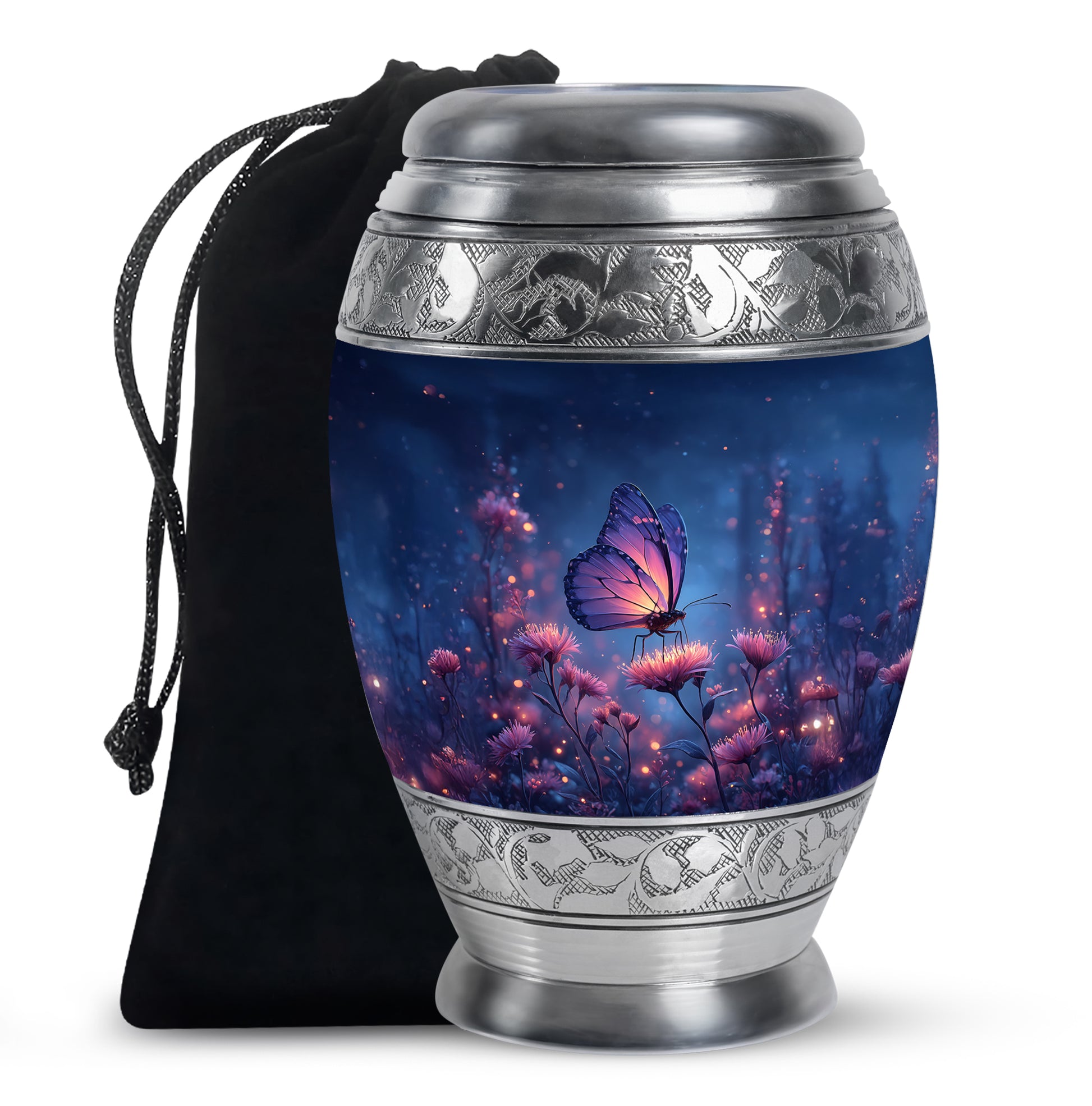 Bright Blue Butterfly Cremation Urn back view with polished surface - majestic butterfly pattern with filigree border - full-size 10 inch 200 cubic inch adult cremation urn
