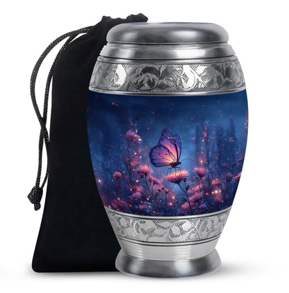Bright Blue Butterfly Cremation Urn back view with polished surface - majestic butterfly pattern with filigree border - full-size 10 inch 200 cubic inch adult cremation urn