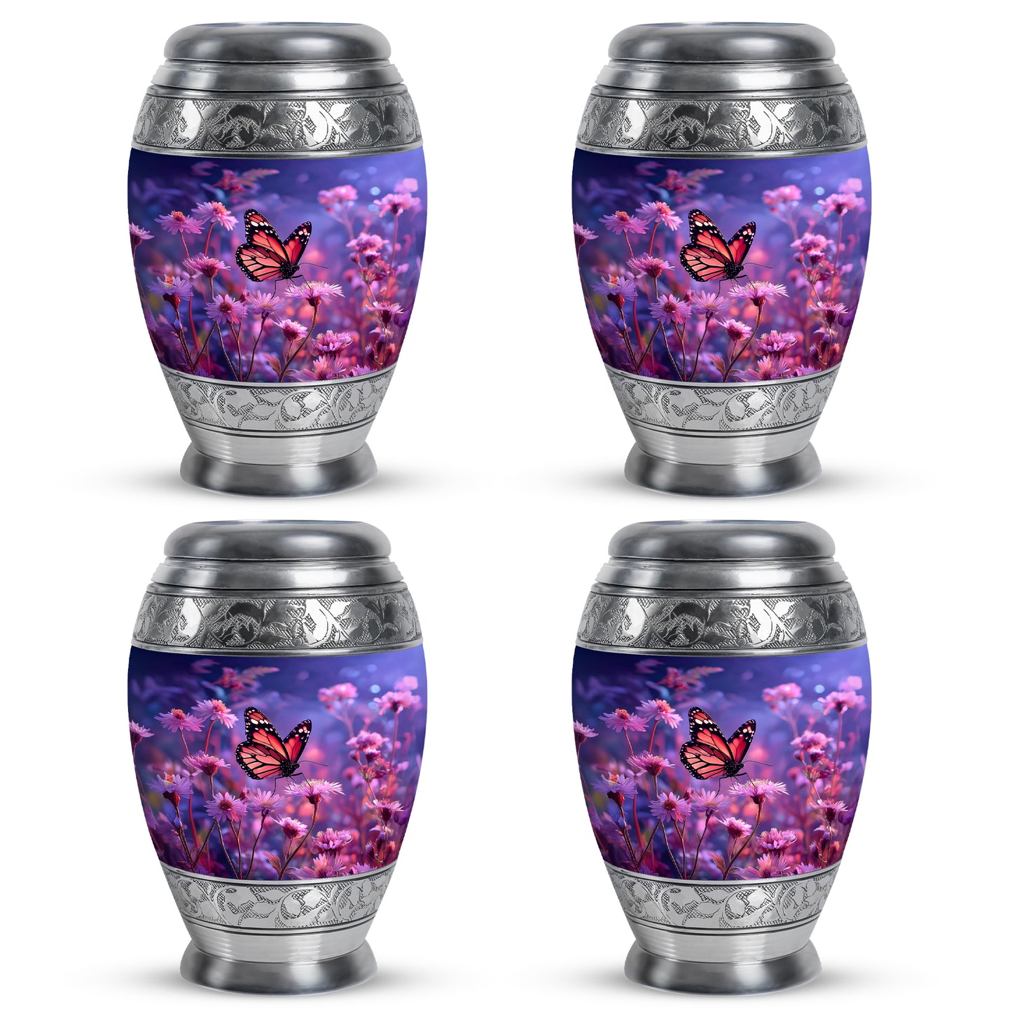 Navy Blue Butterfly Cremation Urn urn with complimentary velvet bag - ornate monarch-style butterfly relief on brushed aluminum - 10 inch aluminum urn for cremated remains
